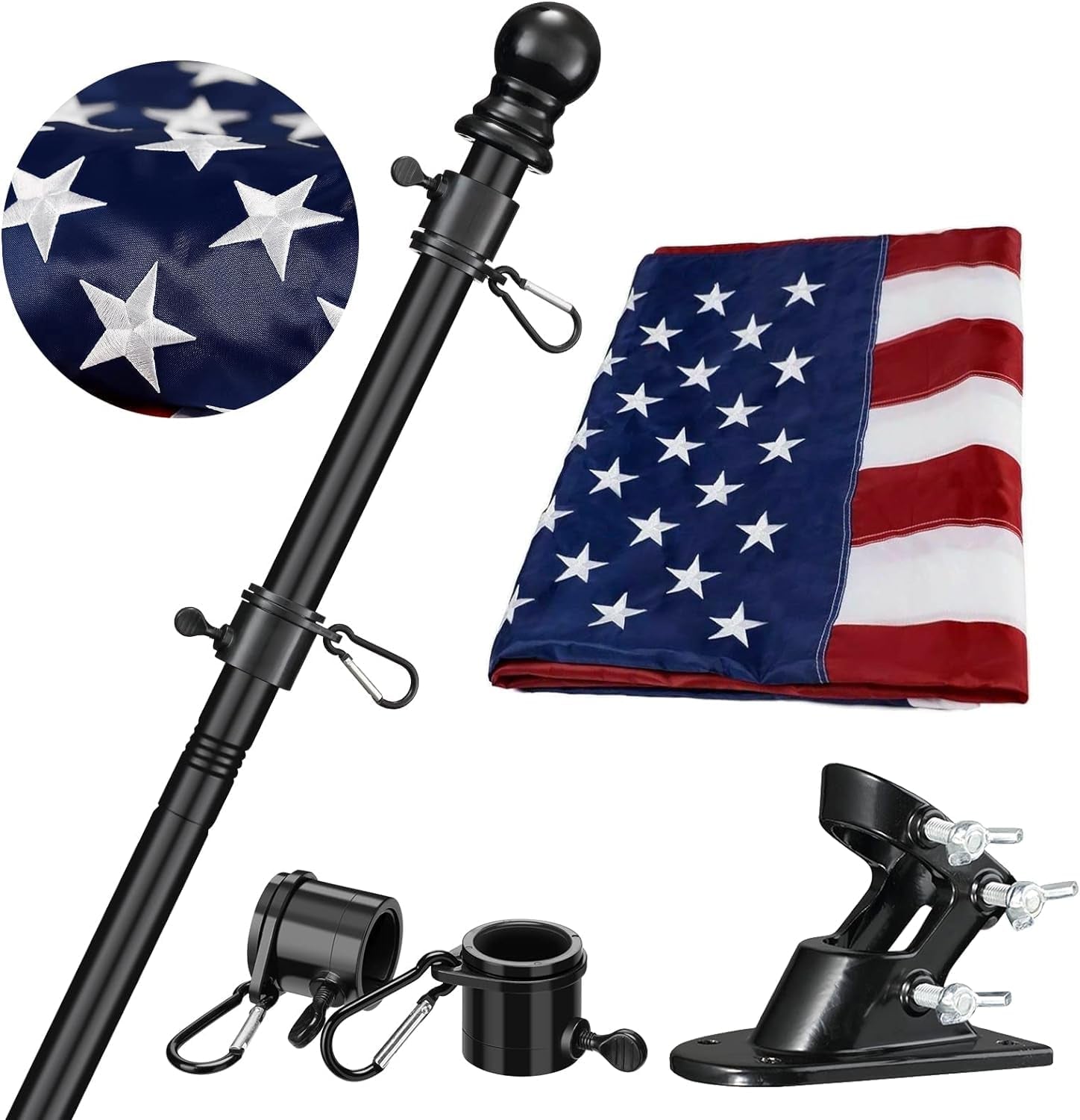 American Flag with Pole for Outside House - 5ft Wall Mount Flag Pole Kit with 3x5 Embroidered US Flag, Stainless Steel Flagpole, Tangle-Free Ball Bearing Rings, Aluminum Holder Bracket