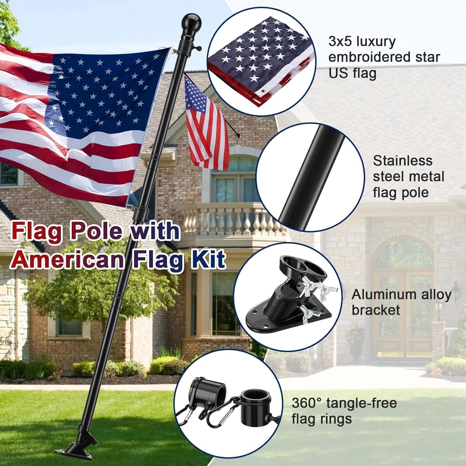 American Flag with Pole for Outside House - 5ft Wall Mount Flag Pole Kit with 3x5 Embroidered US Flag, Stainless Steel Flagpole, Tangle-Free Ball Bearing Rings, Aluminum Holder Bracket
