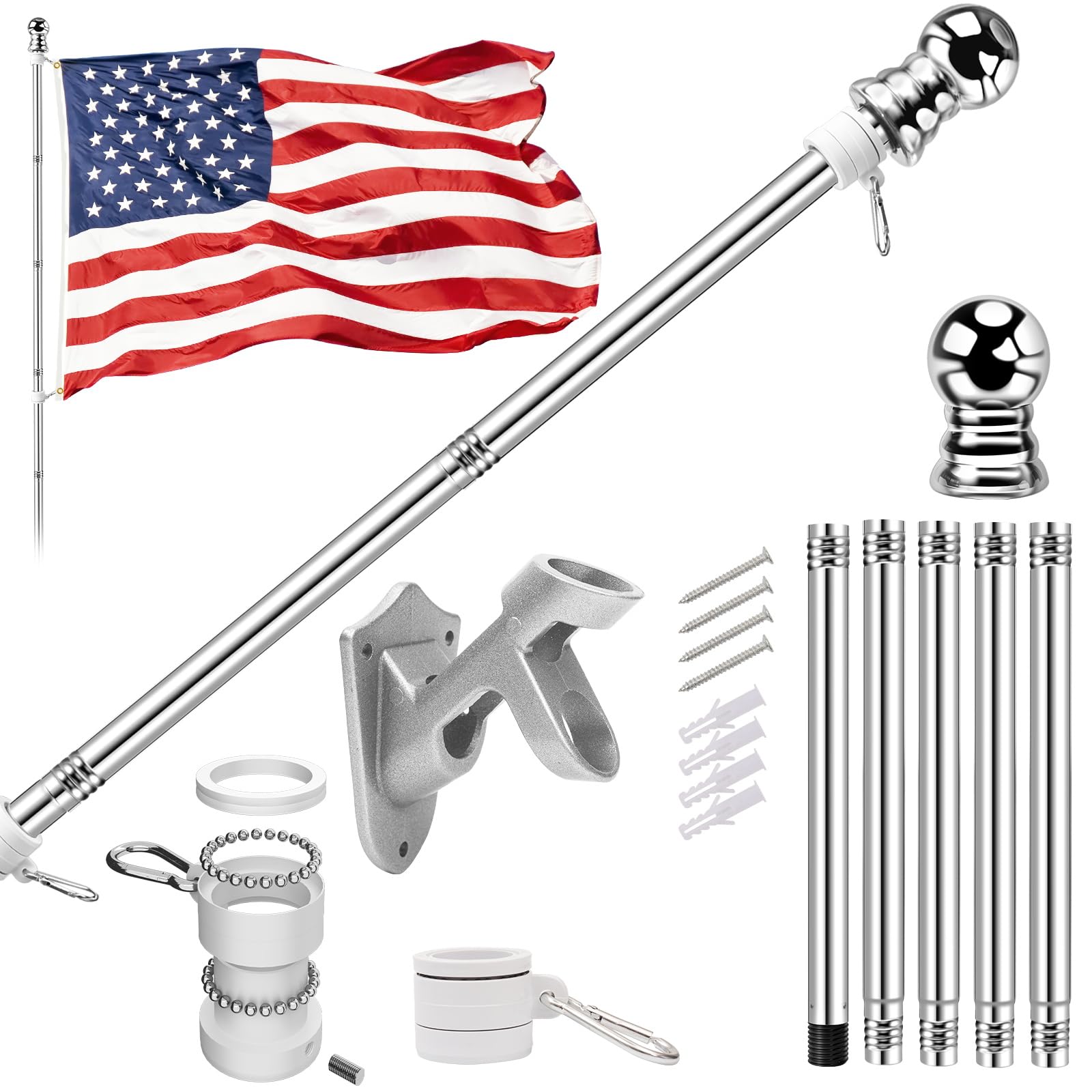 American Flag with Pole for Outside House - 5ft Wall Mount Flag Pole Kit with 3x5 Embroidered US Flag, Stainless Steel Flagpole, Tangle-Free Ball Bearing Rings, Aluminum Holder Bracket