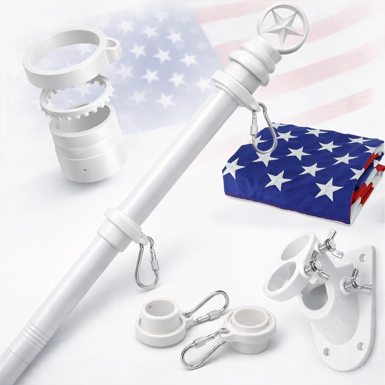 American Flag with Pole for Outside House - 5ft Wall Mount Flag Pole Kit with 3x5 Embroidered US Flag, Stainless Steel Flagpole, Tangle-Free Ball Bearing Rings, Aluminum Holder Bracket