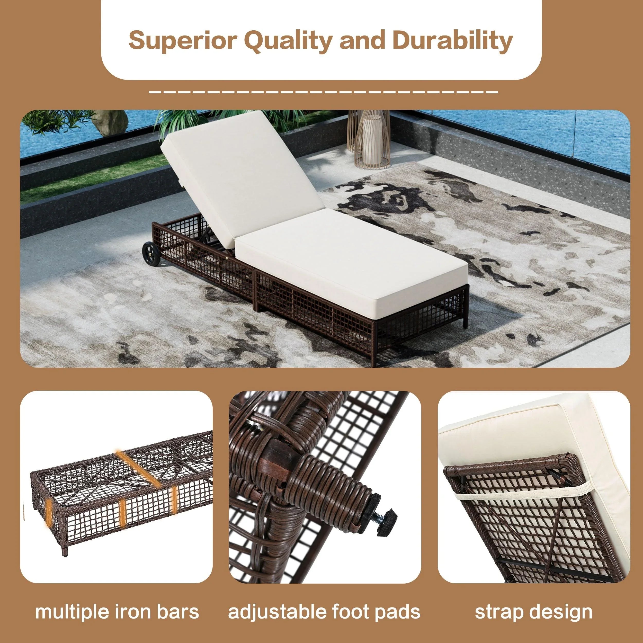 Outdoor Lounge Chair, Patio Chaise Lounge with 5-Position Backrest, Rattan Outdoor Lounge Chair with Cushion and Wheels for Poolside, Backyard, Garden