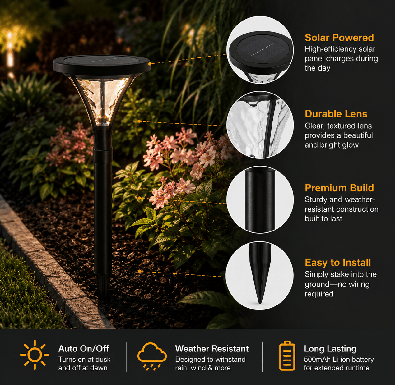 Berkley Jensen Set of 4 Aluminum Solar LED Pathway Lights, 20 Lumens, Graphite Black Finish