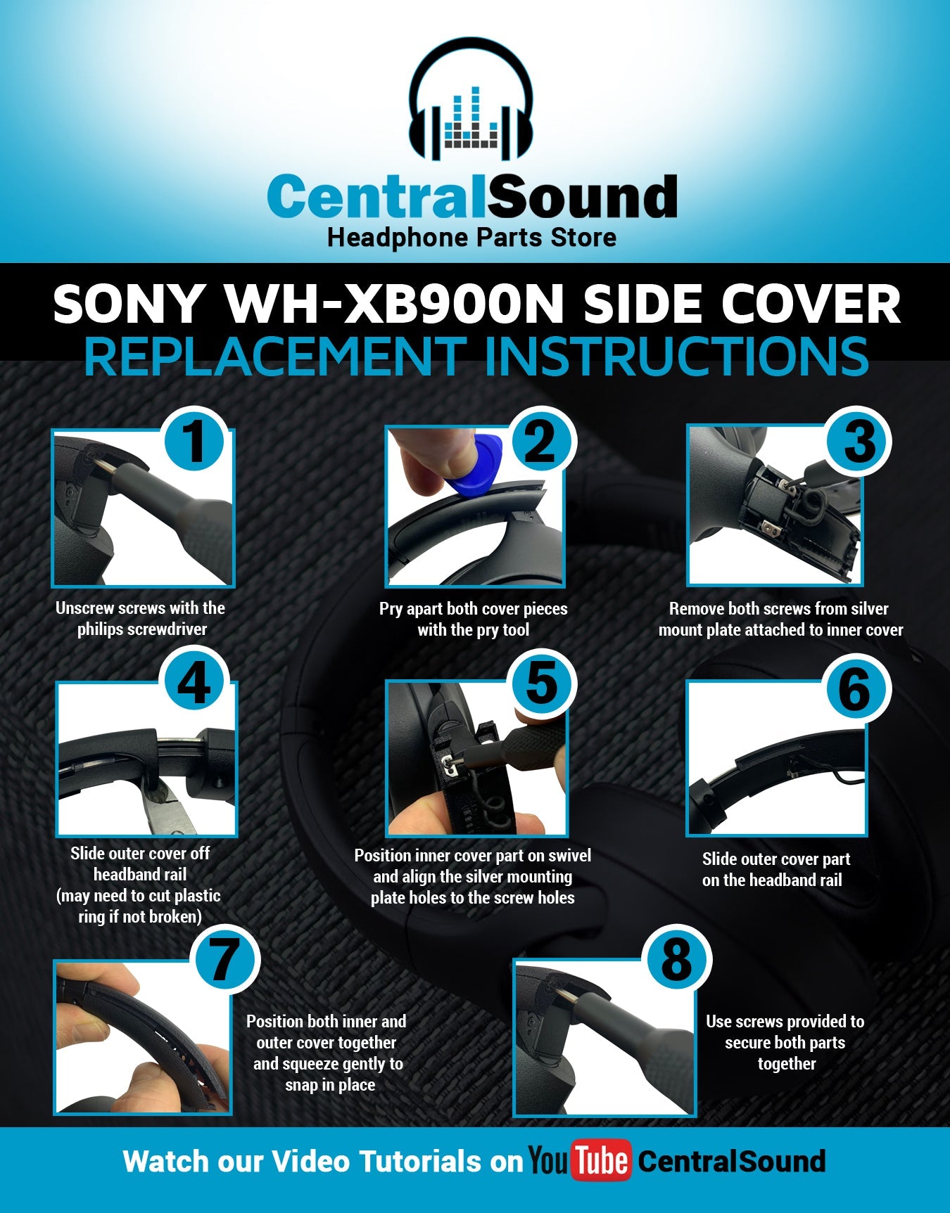 Replacement Side Cover Slider Parts UPGRADE KIT for Sony WH-XB900N WHXB900N