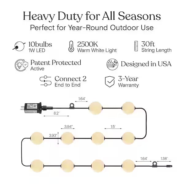 30FT Plug-In LED Strung Light 10 Large 4in Round Bulbs, 2500K Warm White LED G100 Waterproof