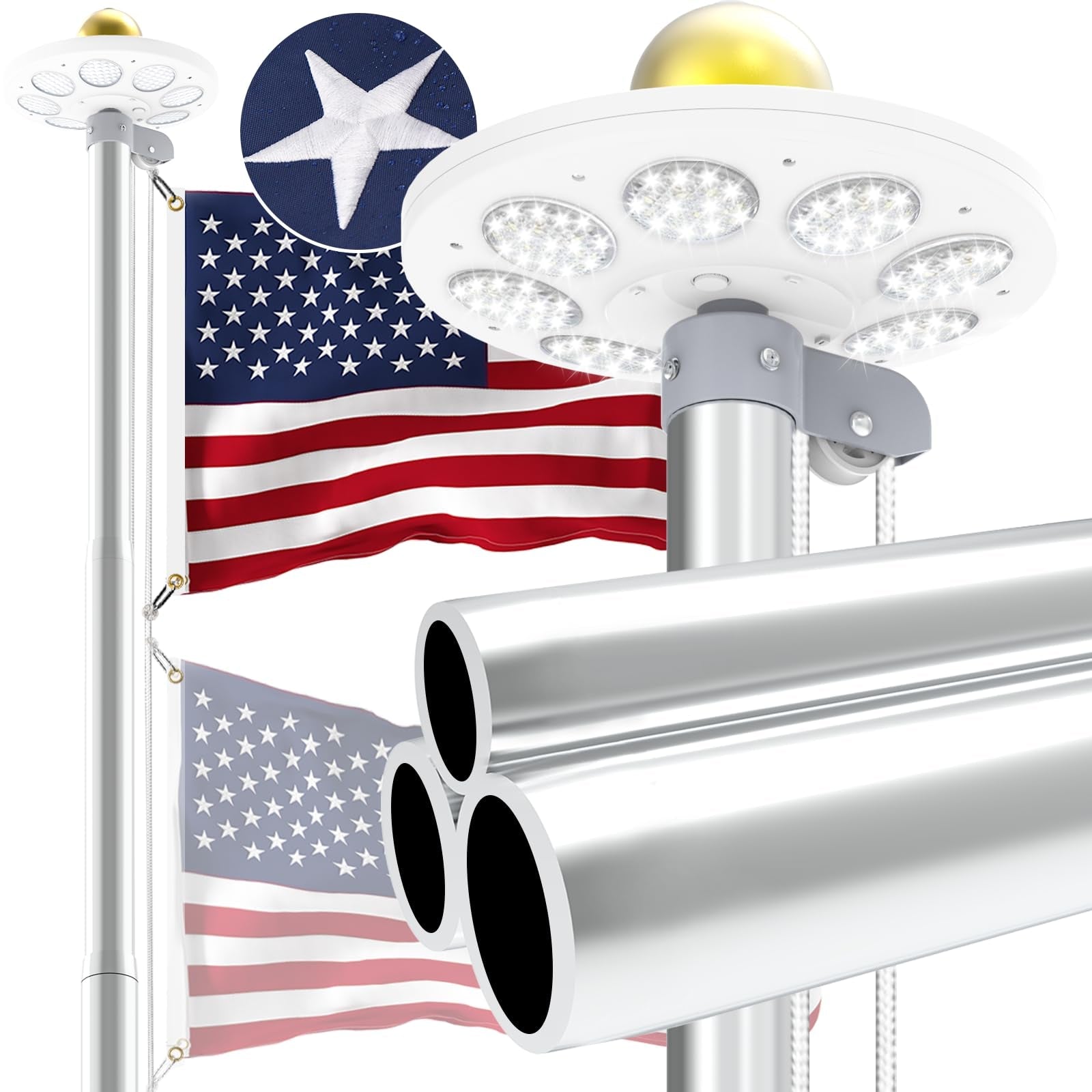 Commercial Upgraded 9 Gauge Heavy Duty Flag Pole Kit with 136 LED Ultra Bright Solar Light, 20FT 120 MPH Flagpole for Outside House in Ground, Bottom 3 mm Thick & 3 in Wide, 300D Thick Flag, Black