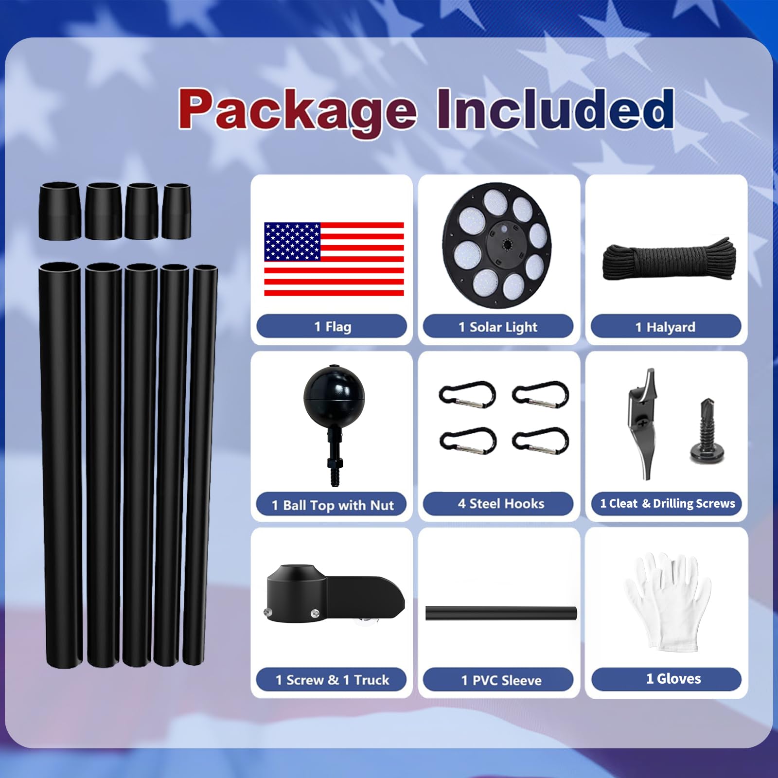 Commercial Upgraded 9 Gauge Heavy Duty Flag Pole Kit with 136 LED Ultra Bright Solar Light, 20FT 120 MPH Flagpole for Outside House in Ground, Bottom 3 mm Thick & 3 in Wide, 300D Thick Flag, Black