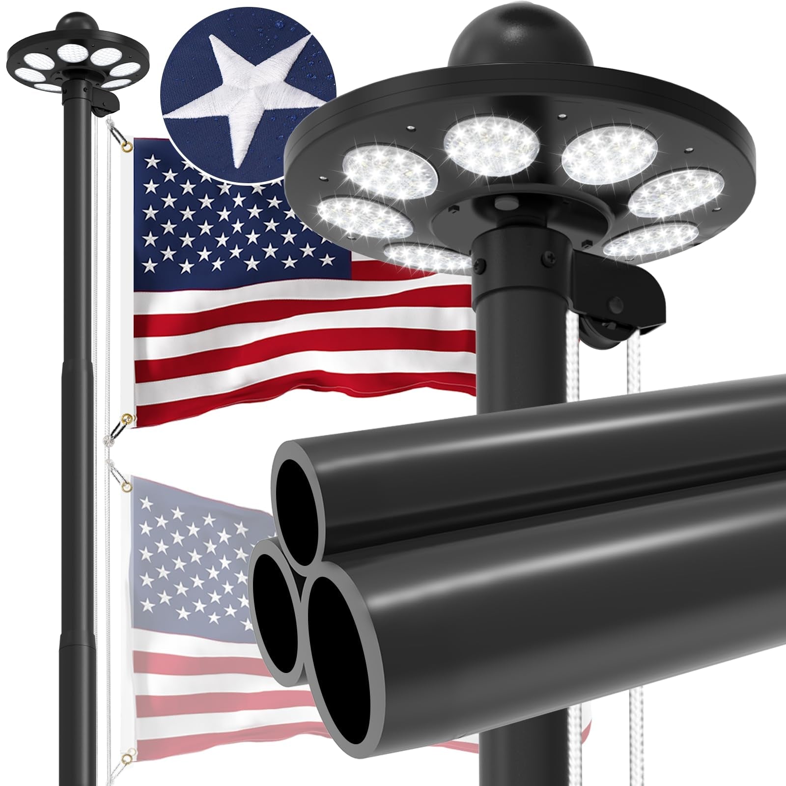 Commercial Upgraded 9 Gauge Heavy Duty Flag Pole Kit with 136 LED Ultra Bright Solar Light, 20FT 120 MPH Flagpole for Outside House in Ground, Bottom 3 mm Thick & 3 in Wide, 300D Thick Flag, Black