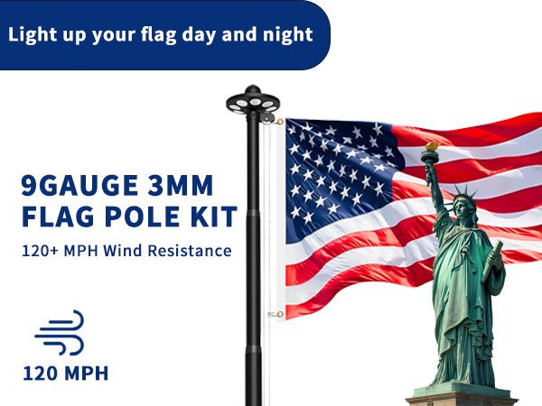 Commercial Upgraded 9 Gauge Heavy Duty Flag Pole Kit with 136 LED Ultra Bright Solar Light, 20FT 120 MPH Flagpole for Outside House in Ground, Bottom 3 mm Thick & 3 in Wide, 300D Thick Flag, Black