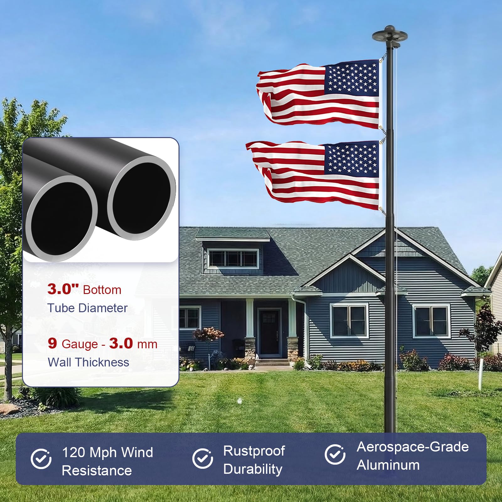 Commercial Upgraded 9 Gauge Heavy Duty Flag Pole Kit with 136 LED Ultra Bright Solar Light, 20FT 120 MPH Flagpole for Outside House in Ground, Bottom 3 mm Thick & 3 in Wide, 300D Thick Flag, Black