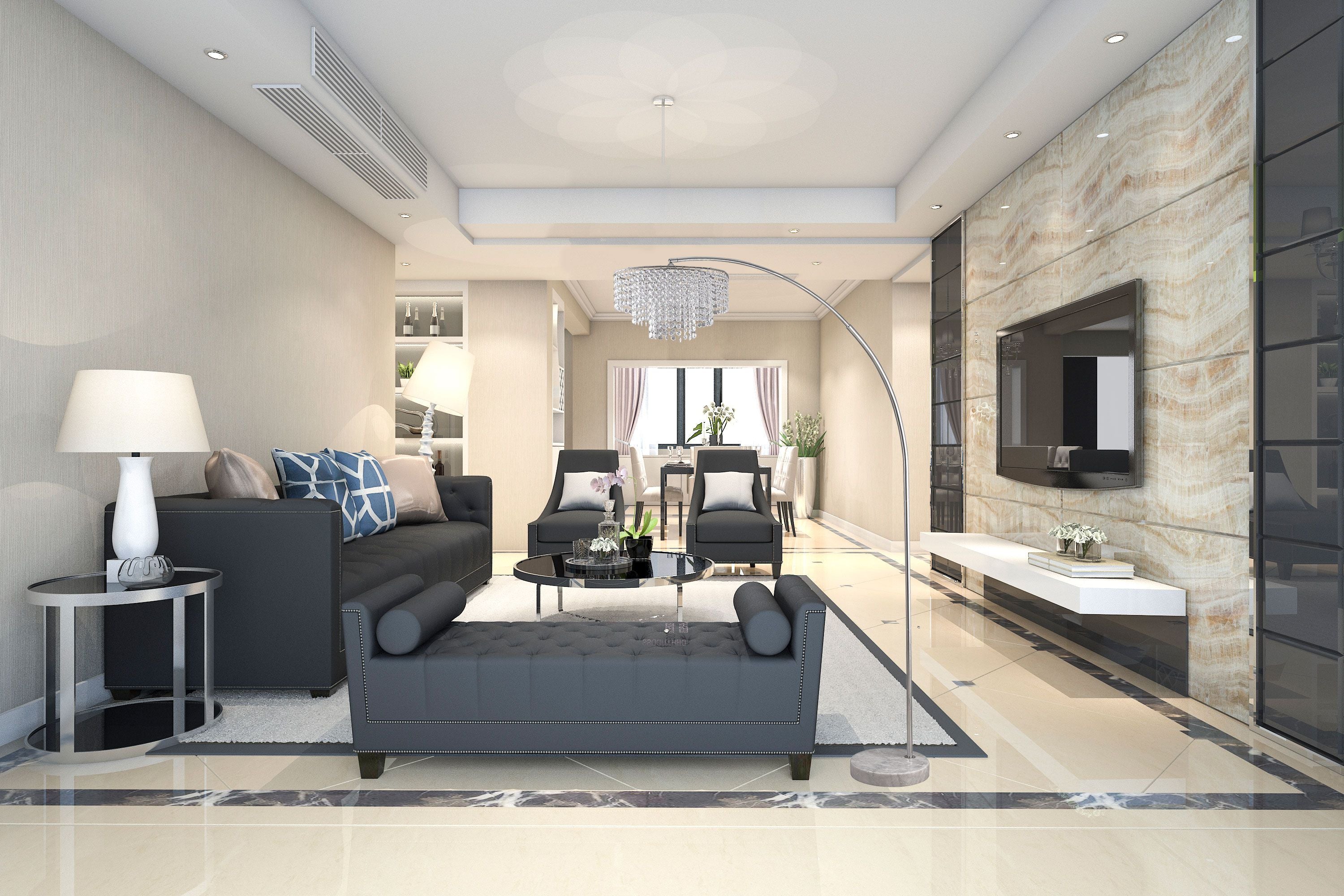 Sh Lighting 86&quot; Arching Floor Lamp, Silver Chrome Finish Body With Marble Base, Features 3-Tier Faux Crystal Beading Shade, Perfect Fits For Bedroom Or Living Room