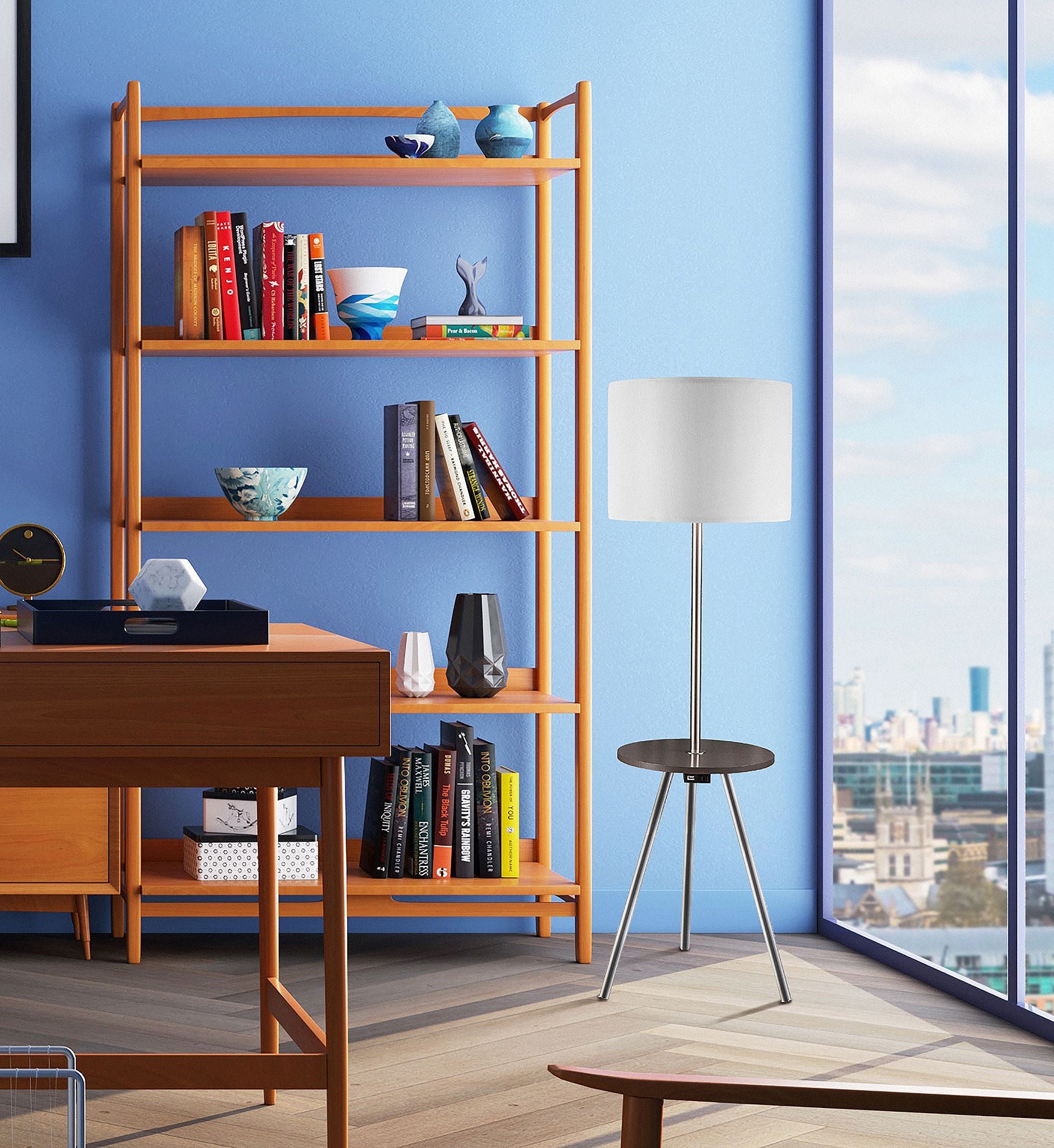 Sh Lighting Round End Table Floor Lamp Combo - Features Usb Charging Port & Power Outlet - 55&quot; Tall Great For Living Rooms Or Bedrooms - Cappuccino Brown