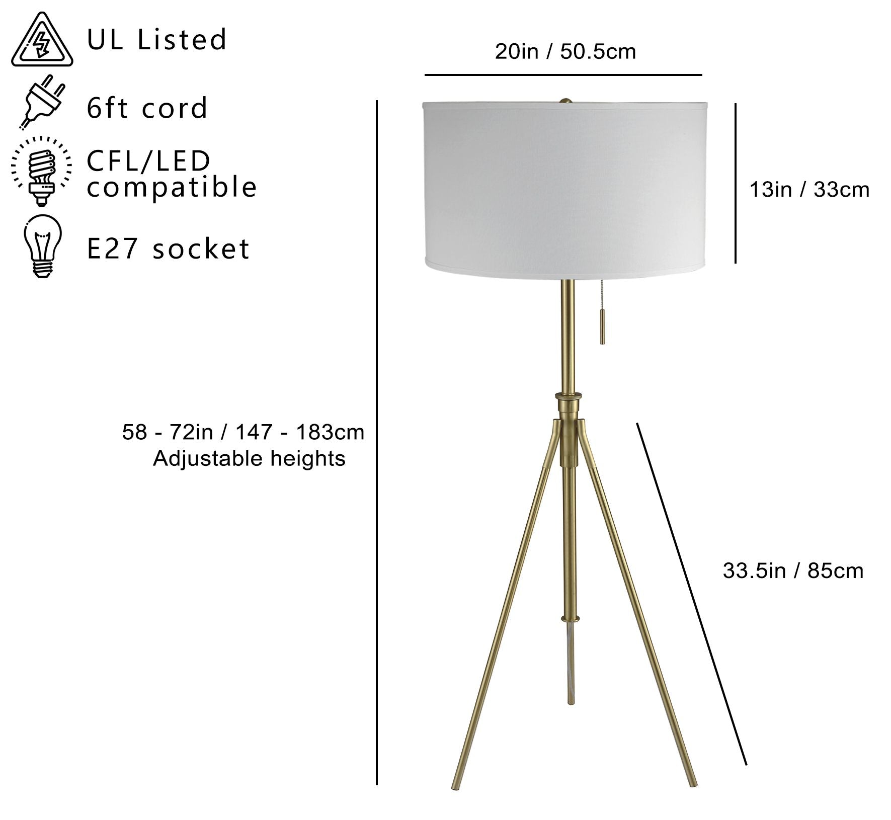 Sh Lighting Contemporary Adjustable Matte Gold Tripod Floor Lamp - Features Large Drum Shade And Convenient Foot Switch - 58-72&quot; Tall Great For Living Or Bedrooms - Gold