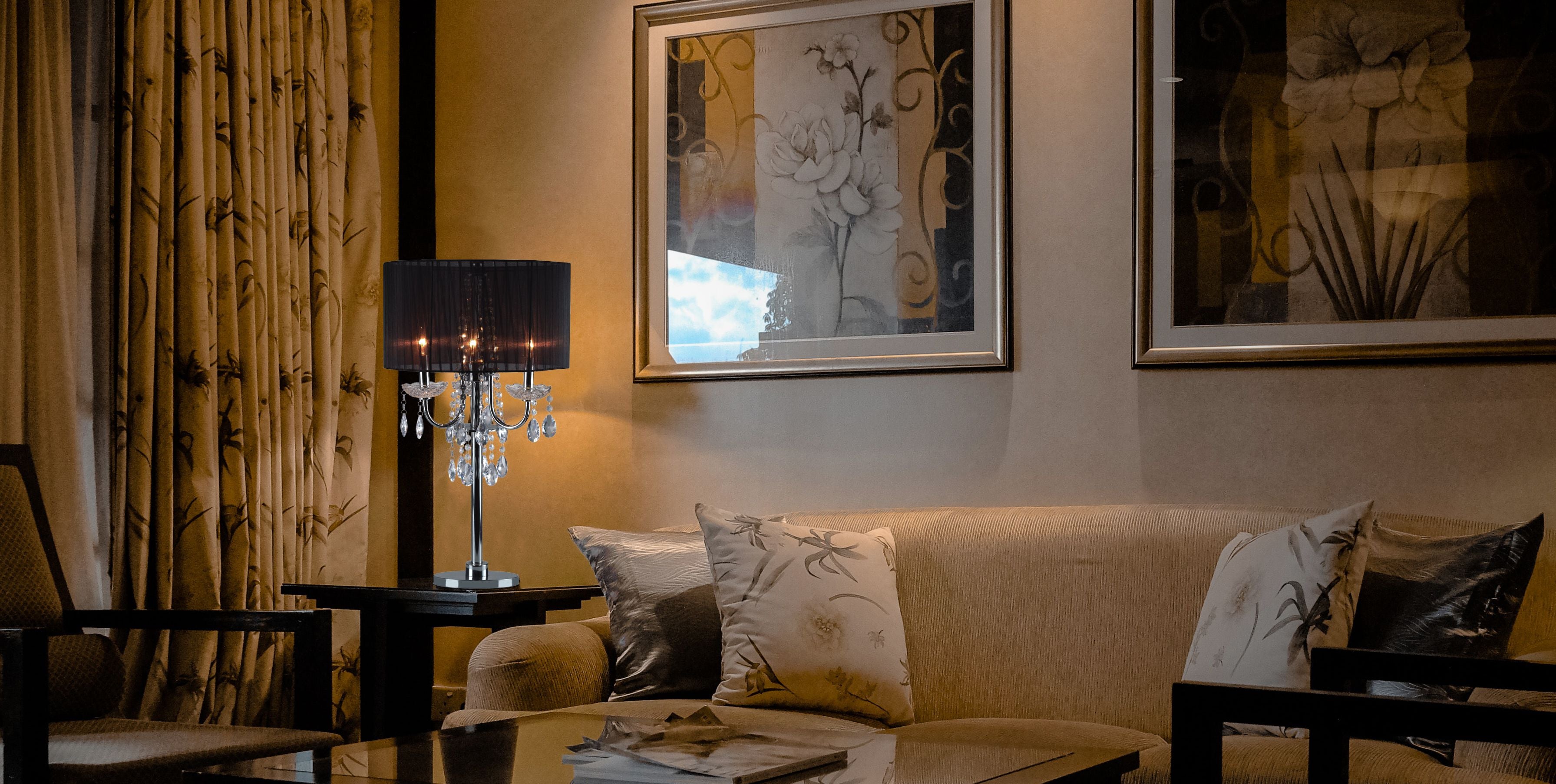 Sh Lighting 6733T-Bk(U) Crystal Inspired 3-Bulb Table Touch Lamp, 29.5&quot;H, Black/Chrome