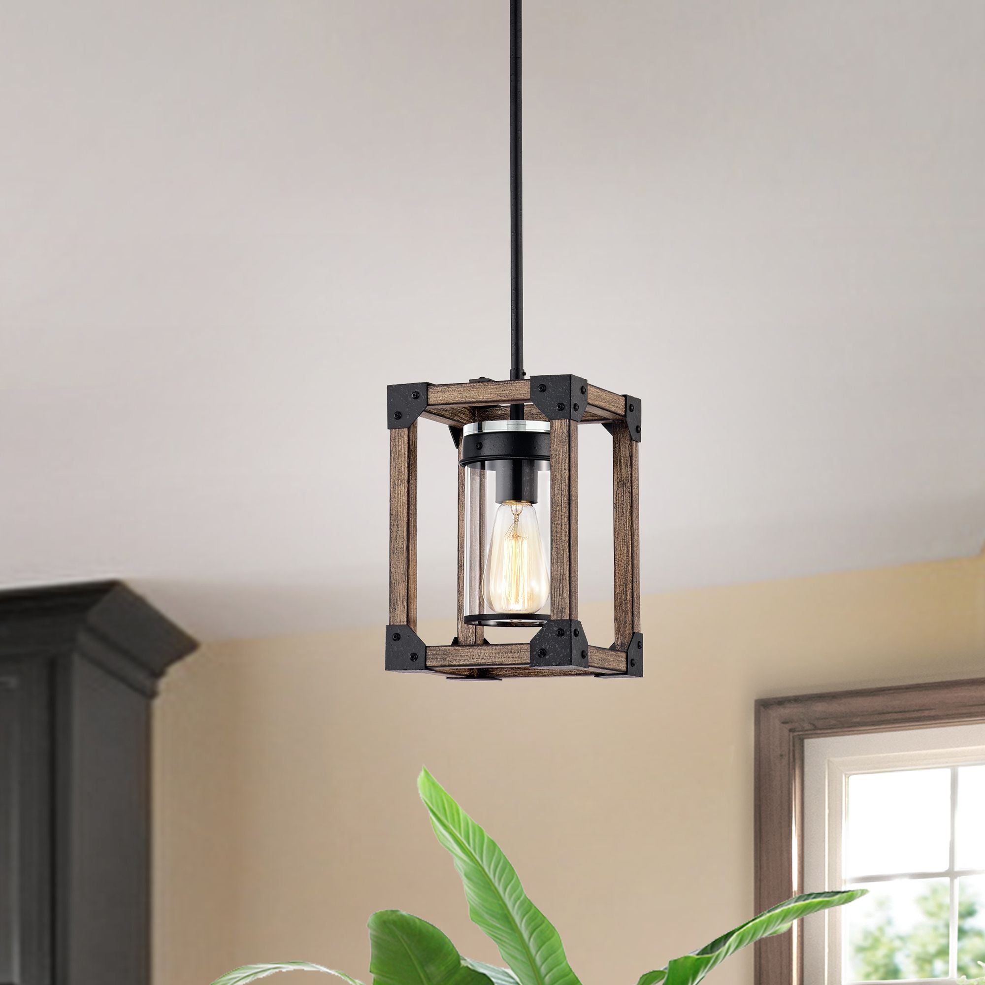 Warehouse Of Tiffany Hm217A/1Fwg Kobe 7 Inch With 1 Forged Black And Imitation Wood Grain Light Pendant, Brown