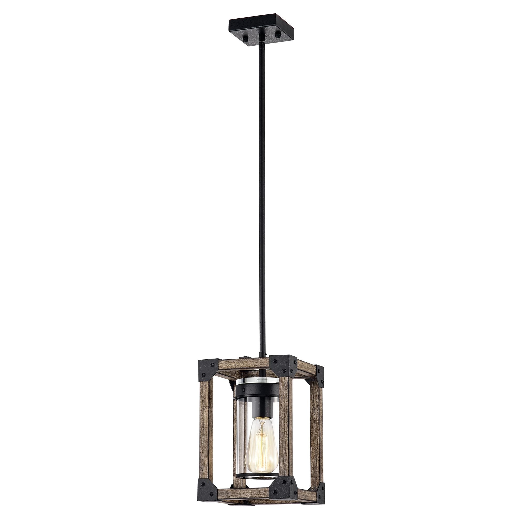 Warehouse Of Tiffany Hm217A/1Fwg Kobe 7 Inch With 1 Forged Black And Imitation Wood Grain Light Pendant, Brown