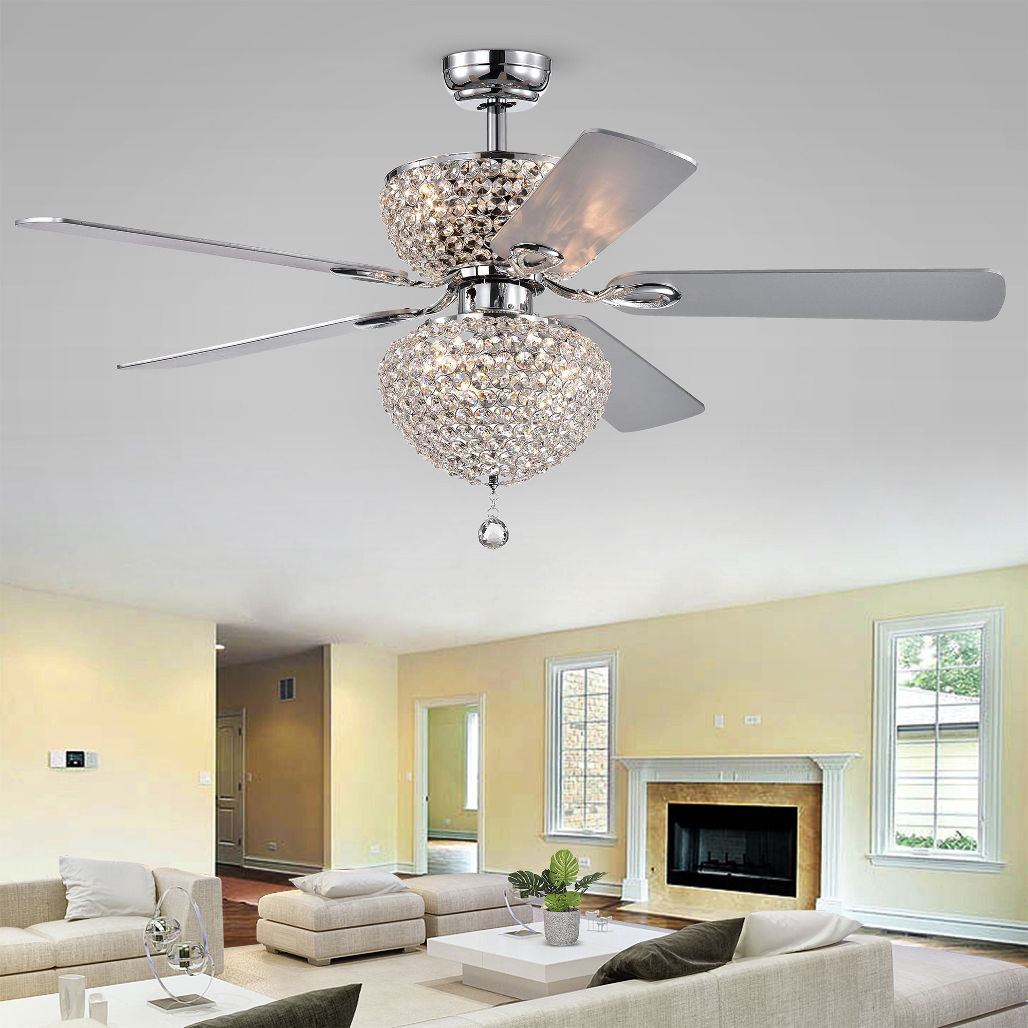 Warehouse Of Tiffany Cfl-8176Remo/Chd Swarana Chrome Dual Crystal Shades (Includes Remote And Light Kit) Ceiling Fan, Silver