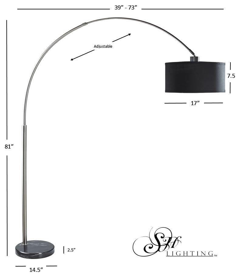 Sh Lighting 6938Bk - Brush Steel Arching Floor Lamp With Black Marble Base - Features Large Black Drum Style Shade - 81&quot; Tall - Black