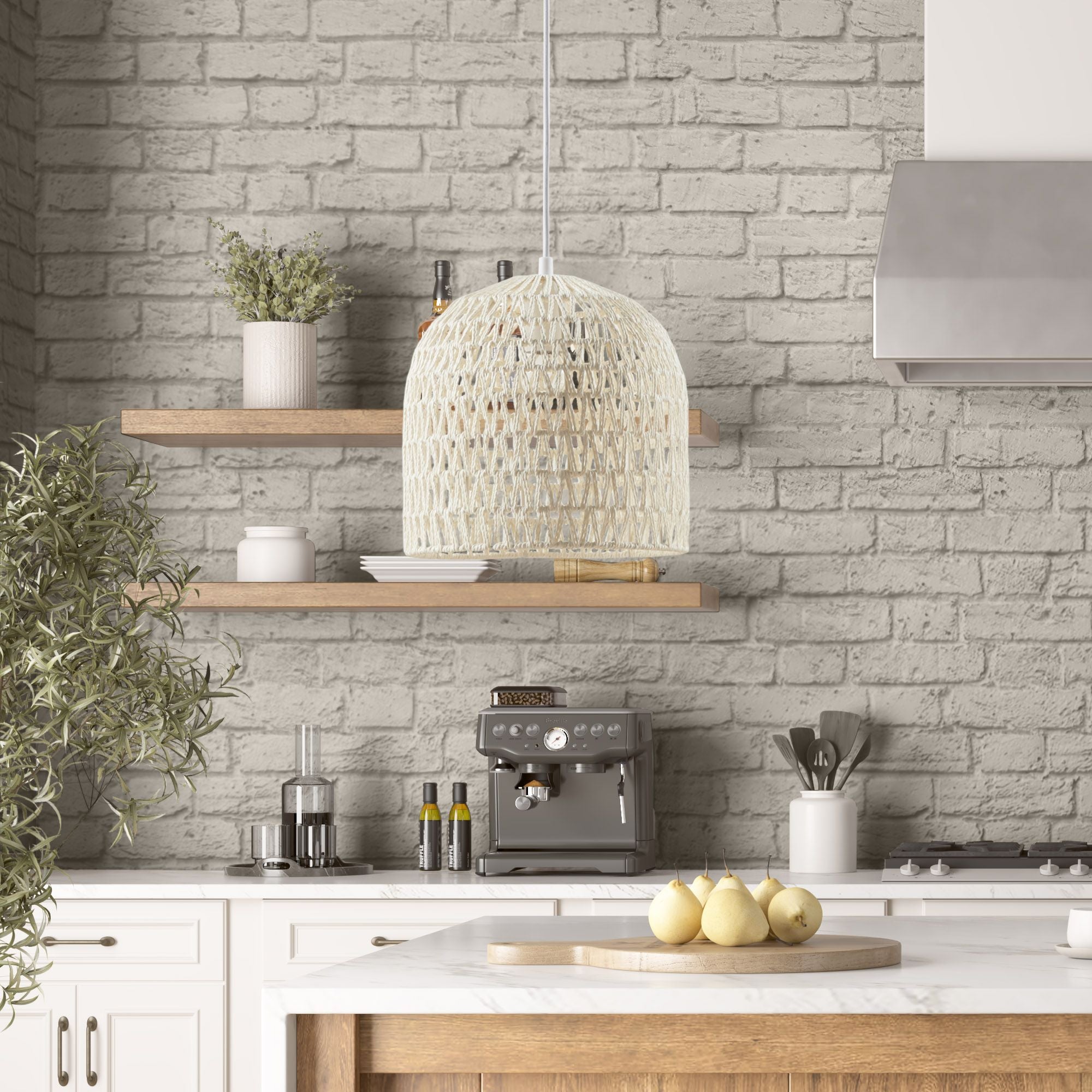 Ink+Ivy Asher Farmhouse Iron Pendant Light Fixtures For Kitchen Island, Bell Shaped Crochet Rope Shade Hanging Ceiling Light, Dining, Foyer, Bath, Bedroom Cottage Transitional Home Decor - White