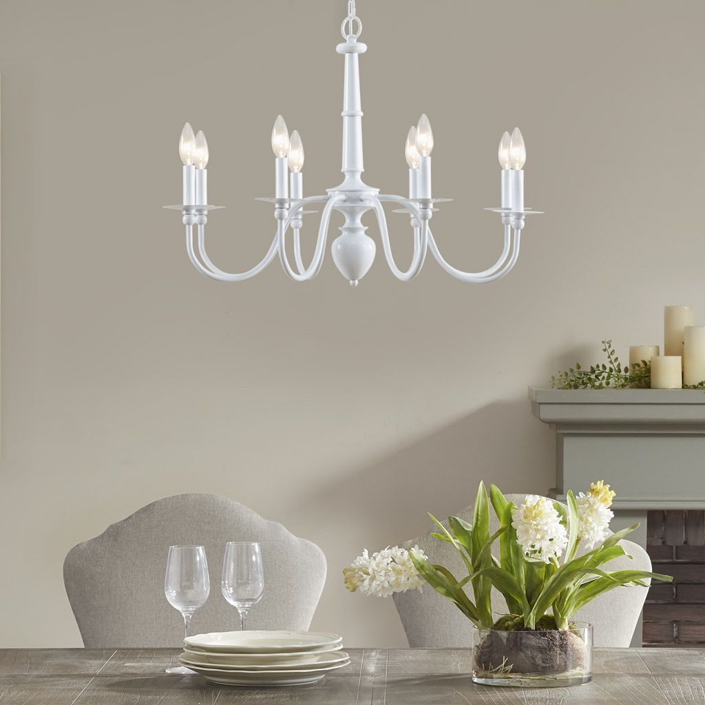 Martha Stewart Glossy White Farmhouse Chandelier, 8 Bulb Adjustable Ceiling Light Fixture