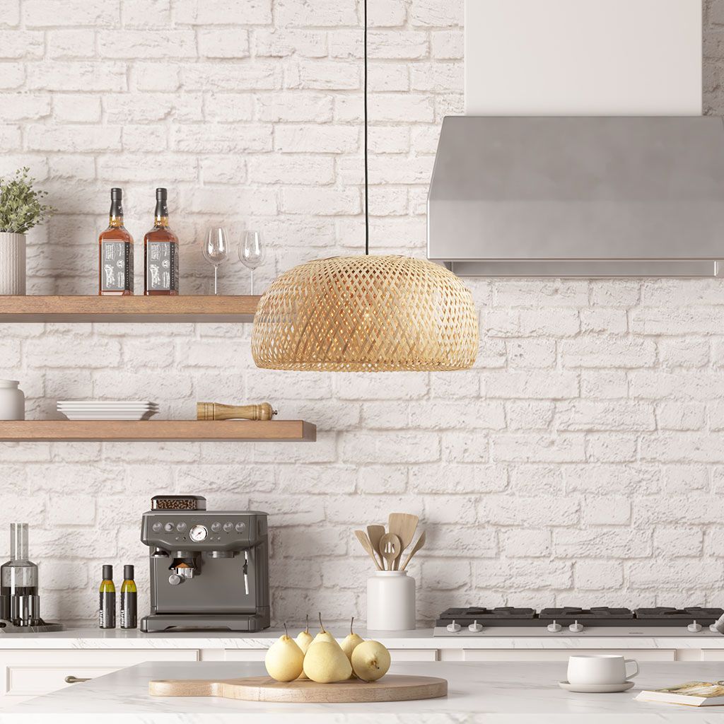 Ink+Ivy Astrid Farmhouse Iron Rattan Pendant Light Fixtures For Kitchen Island, Bowl Shaped Bamboo Shade Hanging Ceiling Light, Dining, Foyer, Bath, Bedroom Cottage Mid-Century Home Decor - Natural