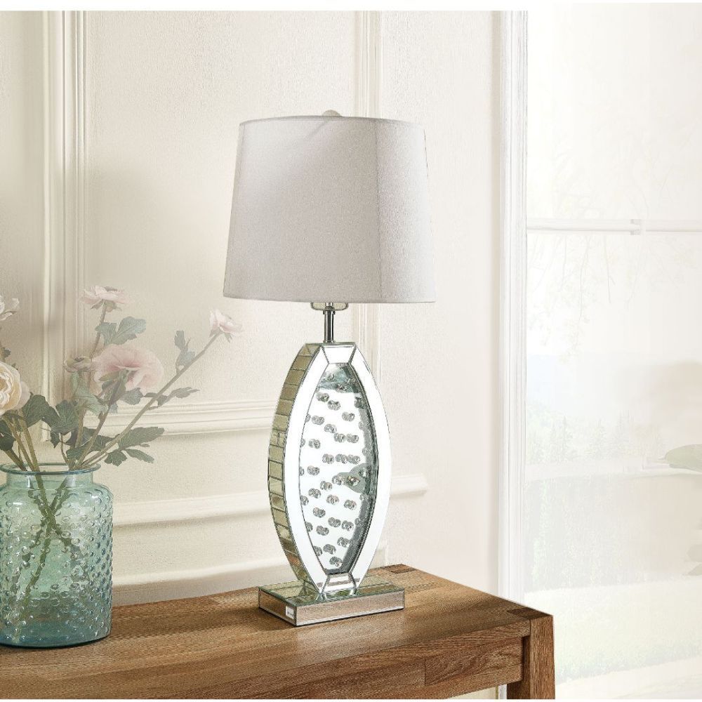 Acme Nysa Drum Shape Table Lamp in White Fabric and Mirrored