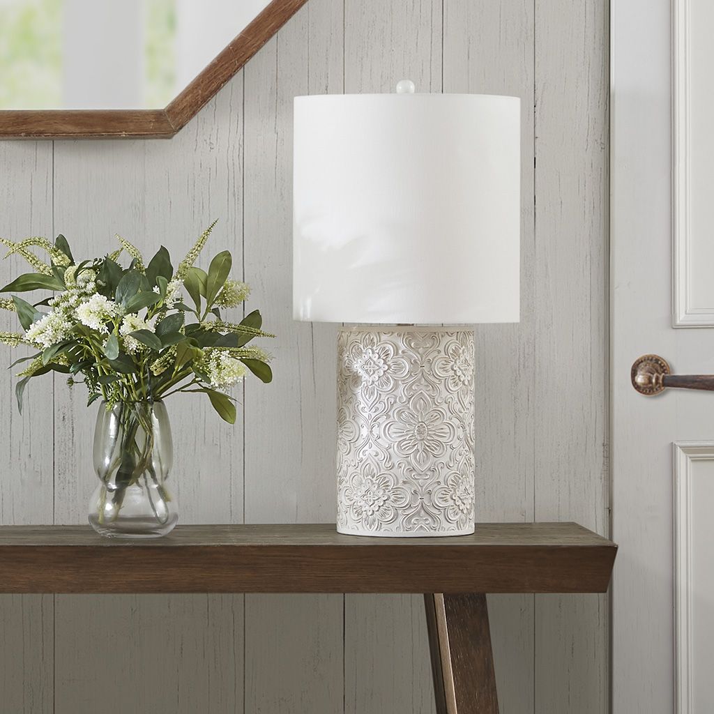 Hampton Hill Floral Table Lamp For Bedroom Nightstand, Living Room, Round Cotton Blend Shade, Embossed Resin Decorative Bedside Lamps, 3 Way Dimmable Lamp Rotary Switch, House Decor - Ivory Ashbourne