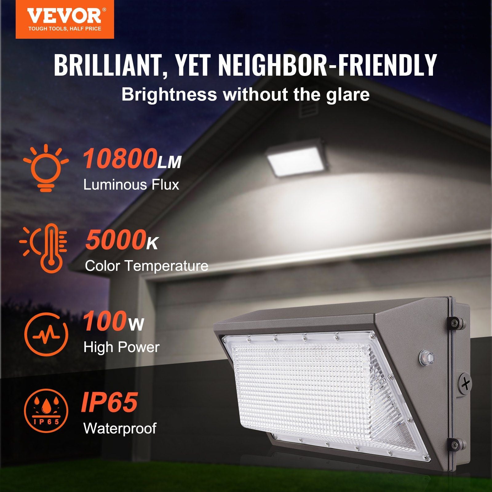Vevor 2Pcs Led Wall Pack Lights, 100W 10800Lm, 5000K Commercial Outdoor Lights Security Lighting Fixture, With Intelligent Light Sensing 180 Led Beads Energy Saving For Garages Yards, Ip65 Waterproof