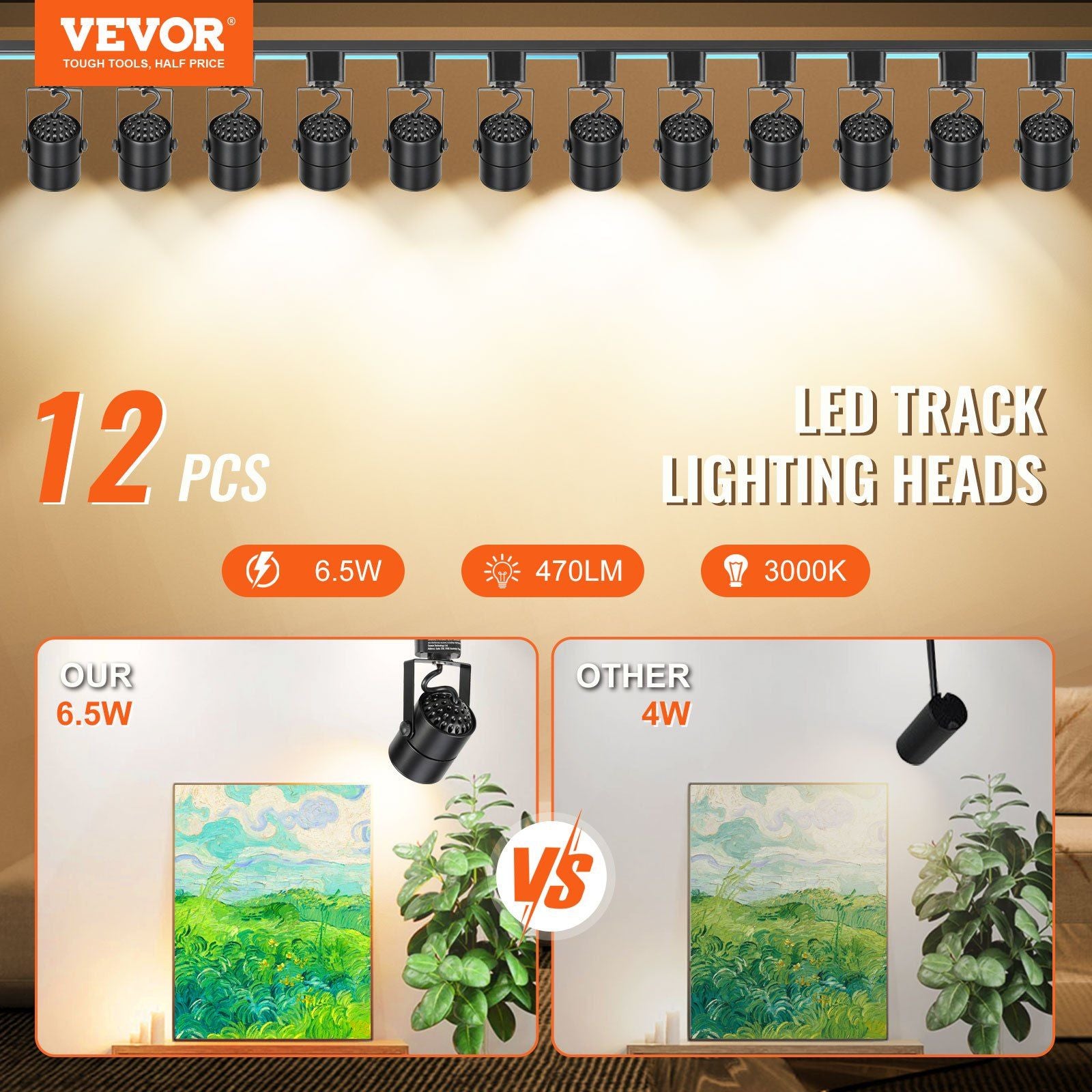 VEVOR LED Track Lighting Heads, 6.5W 3000K, Dimmable H Type, 12 Pack, Black, Aluminum, CRI85+ True Color Rendering