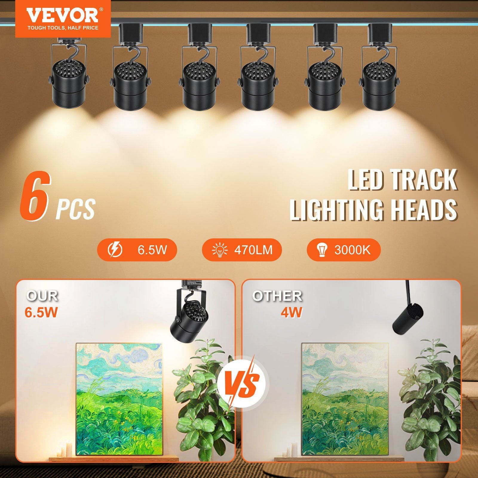 VEVOR LED Track Lighting Heads, 6.5W 3000K, Dimmable 470lm, Black, 6 Pack, Adjustable Tilt, CRI85+ True Color Rendering
