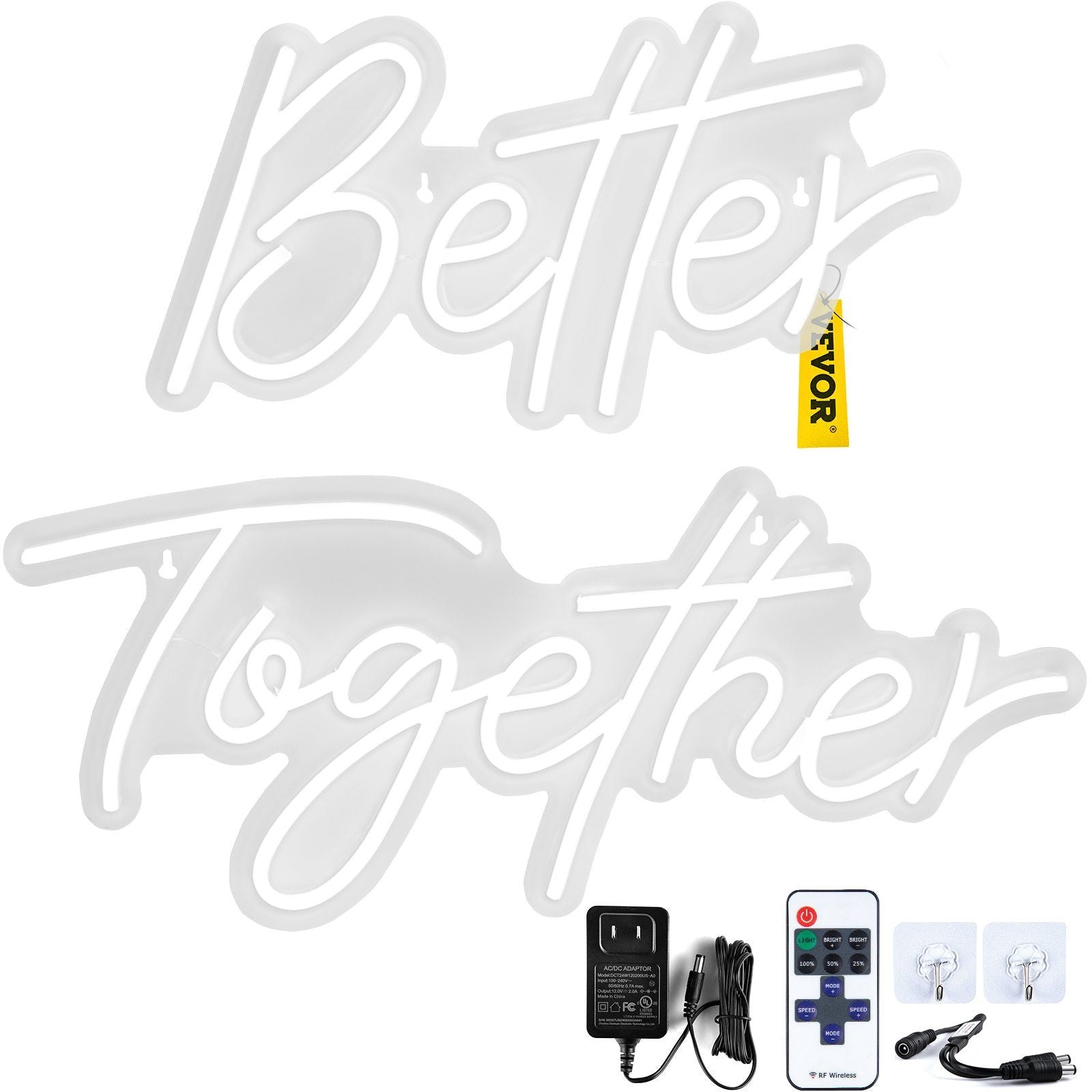 Vevor Better Together Neon Sign, 24&quot; X 10&quot; + 17&quot; X 9&quot; Warm White Led Lights Sign, Adjustable Brightness With Remote Control And 12V Power Adapter, Used For Home, Party, Wedding, And Bar Decoration