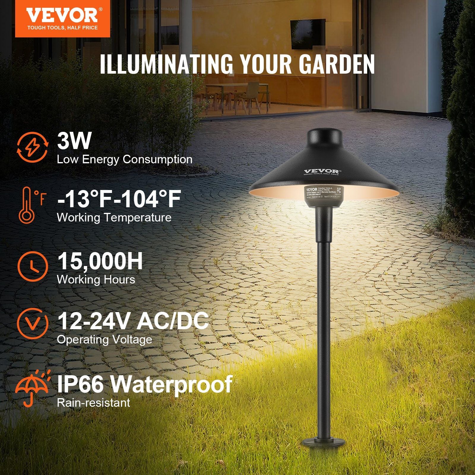 VEVOR 12 Pack Low Voltage Landscape Path Lights, 3W 210LM, 3000K Warm White, IP66 Waterproof, Black Aluminum, Model SH-136-12