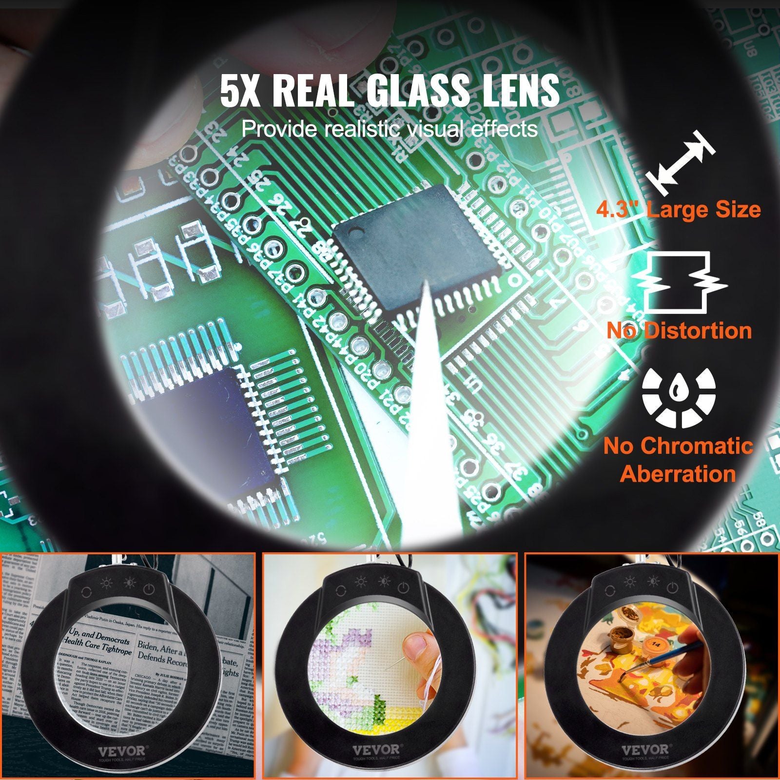Vevor Magnifying Glass With Light, 5X Magnifying Lamp, 4.3" Glass Lens, Desk Magnifier With Light, 64 Led Lights 5 Color Modes, With Clamp For Close Work, Reading, Repair Crafts