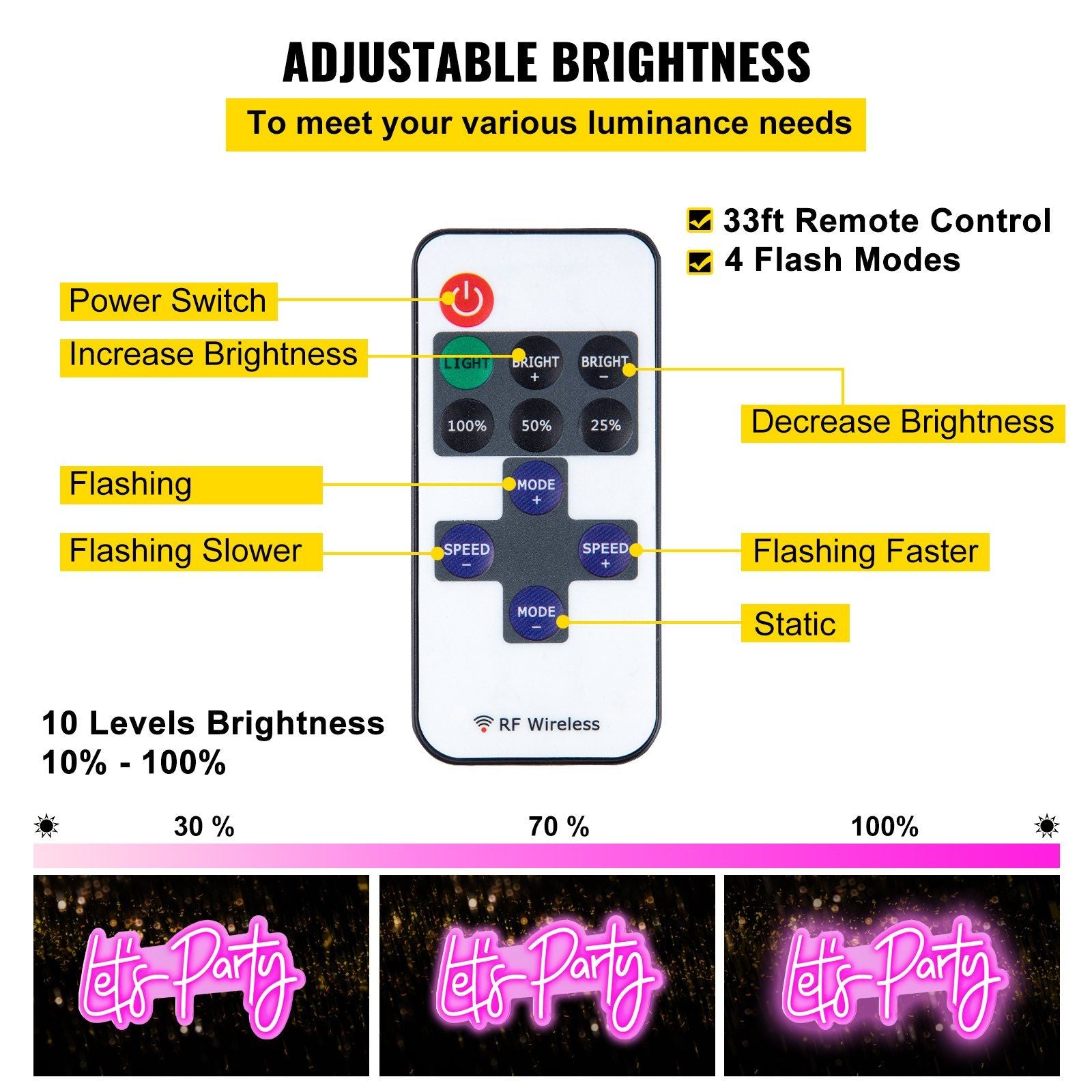 Vevor Let'S Party Neon Sign, 23&quot;X10&quot; Neon Sign For Wall Decor, Adjustable Brightness Pink Neon Light Sign With Remote Control And Power Adapter, For Party/Wedding Celebration/Home Decoration