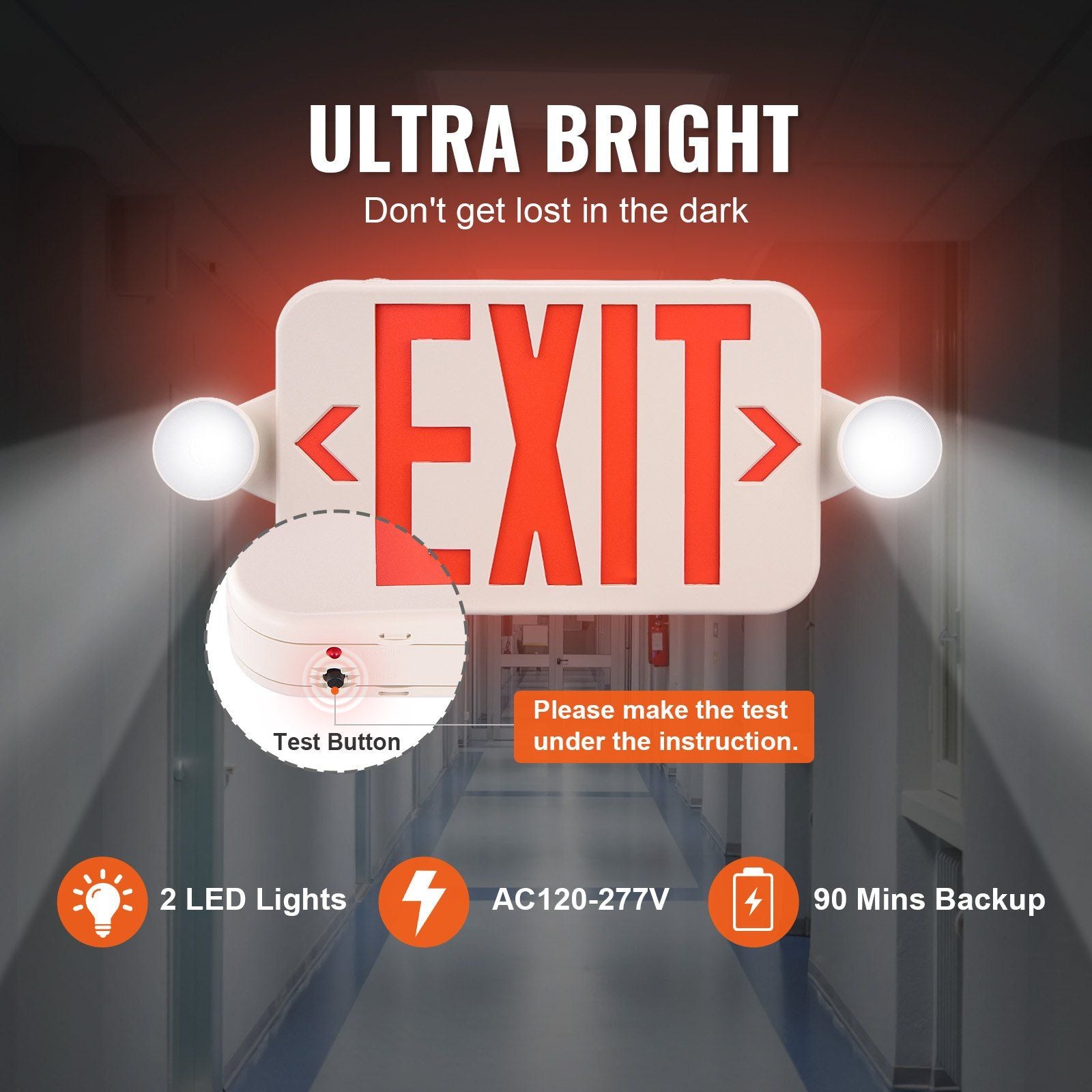 Vevor Led Exit Sign With Emergency Lights, Two Led Adjustable Heads Emergency Exit Light With Battery Backup, Combo Red Letter Fire Exit Lighting, Commercial Exit Signs