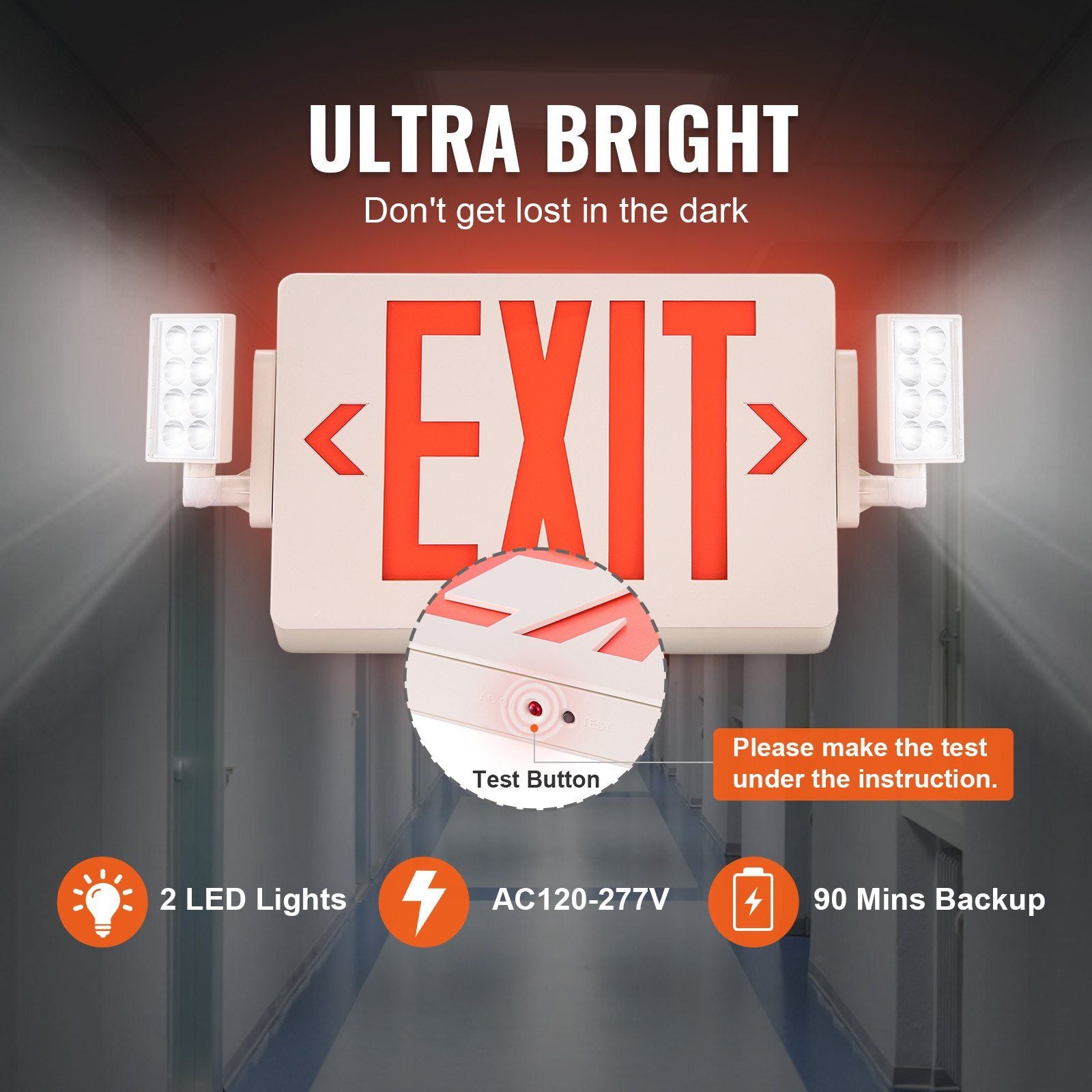 Vevor Led Exit Sign With Emergency Lights, Two Heads Emergency Exit Light With Battery Backup, Combo Red Letter Fire Exit Lighting, Commercial Exit Signs For Business, White Tested To Ul Standards