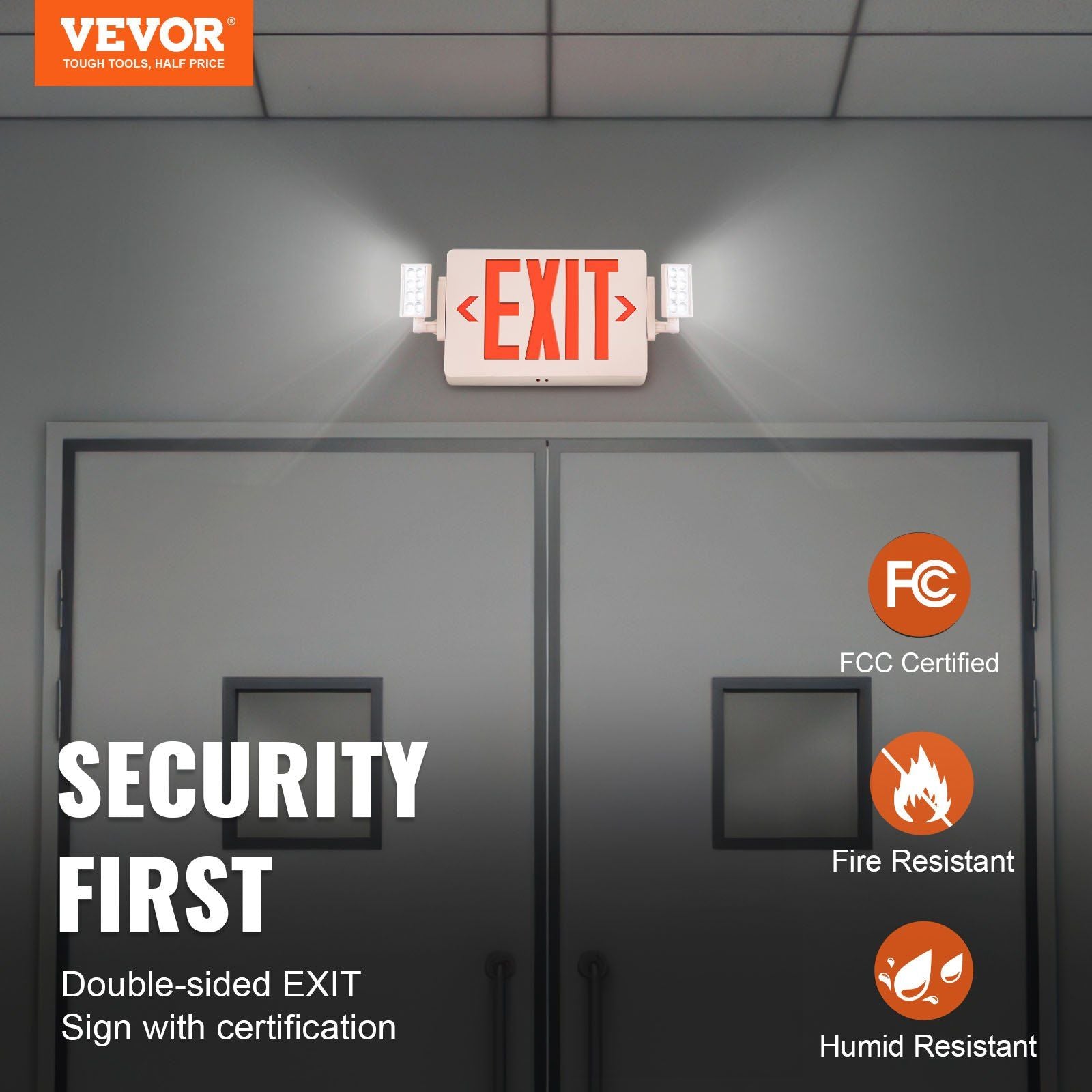 Vevor Led Exit Sign With Emergency Lights, Two Heads Emergency Exit Light With Battery Backup, Combo Red Letter Fire Exit Lighting, Commercial Exit Signs For Business, White Tested To Ul Standards