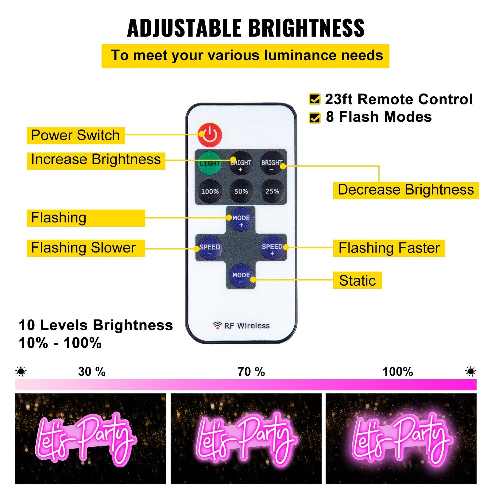 Vevor Let'S Party Neon Sign, 26&quot; X 12&quot; Neon Sign For Wall Decor, Adjustable Brightness Pink Neon Light Sign With Remote Control And Power Adapter, For Party/Wedding Celebration/Home Decoration