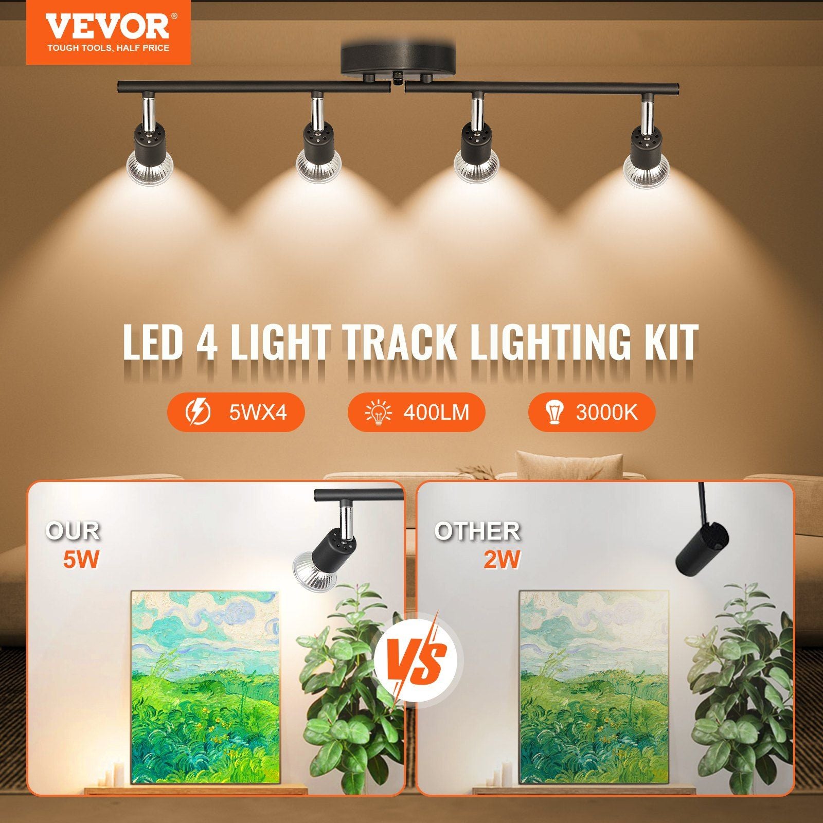 Vevor 4-Light Led Track Lighting Kit, Ceiling Spot Light With Rotatable Light Arms And Heads, 24.8&quot; Track Lighting Fixture, Included 4 Gu10 3000K Bulbs For Indoors Exhibition, Kitchen, Living Room