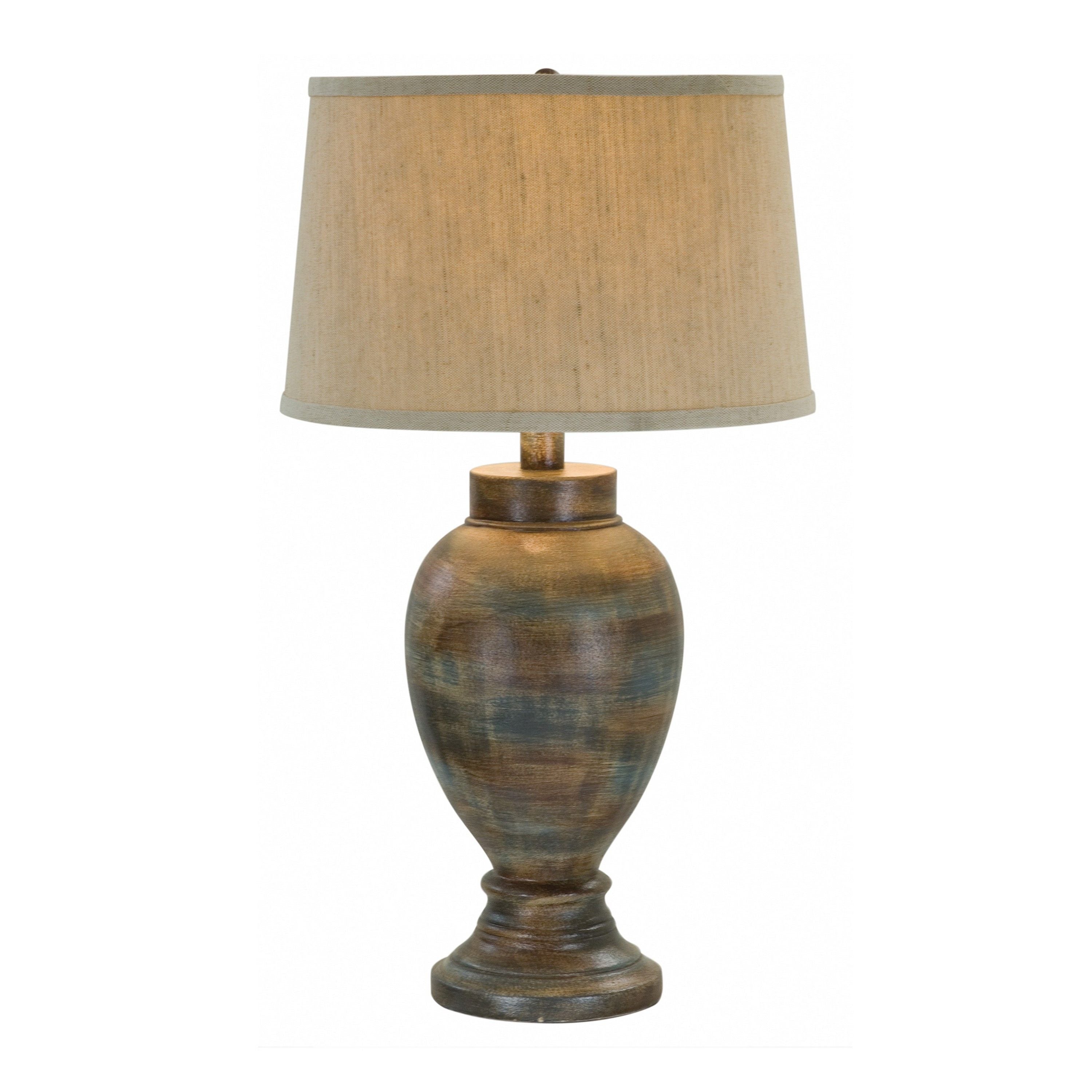 30 Inch Hydrocal Table Lamp, Drum Shade, Classic Urn Base, Brown and Blue