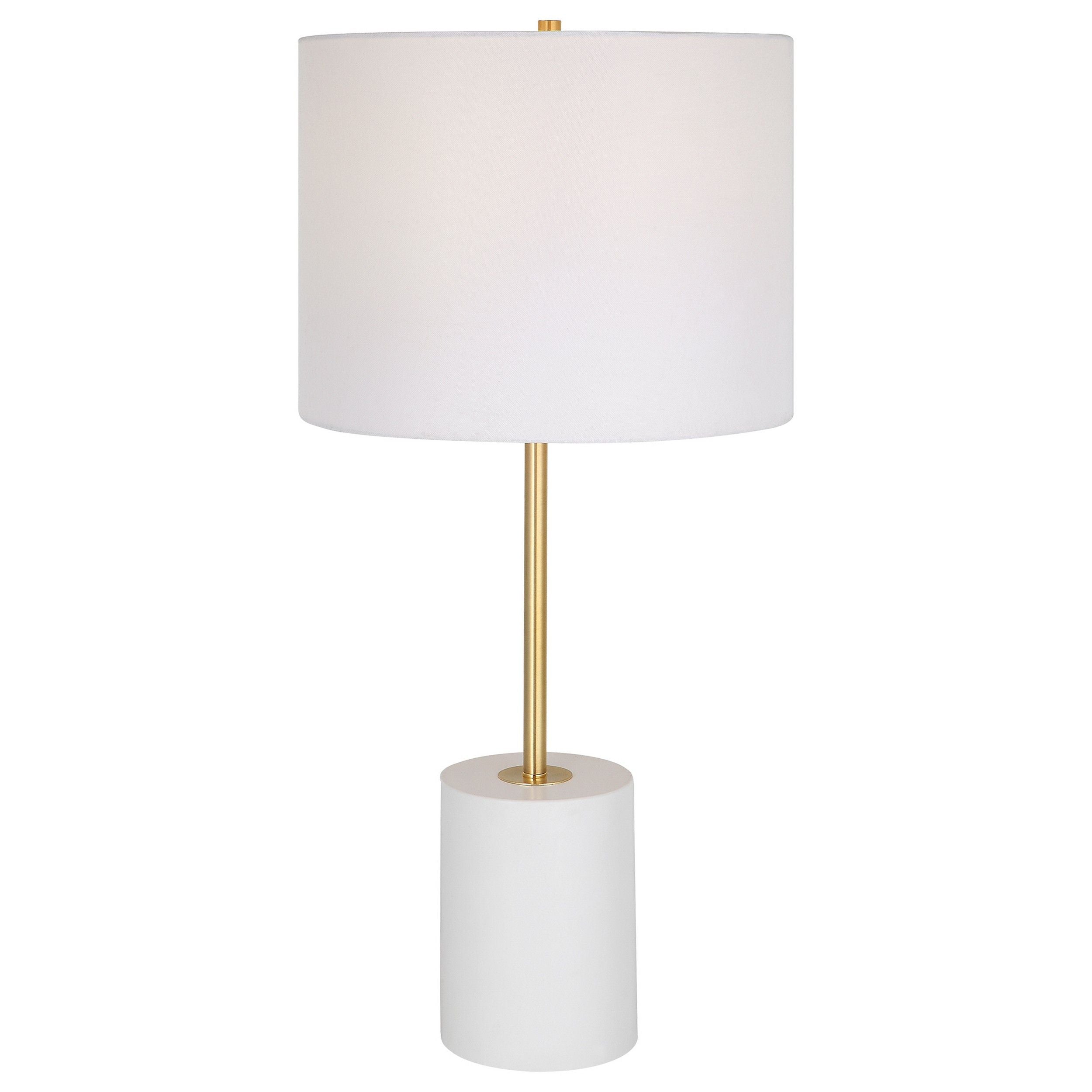 Lily 28 Inch Accent Lamp, Round Hardback Drum Shade, White Base, Gold
