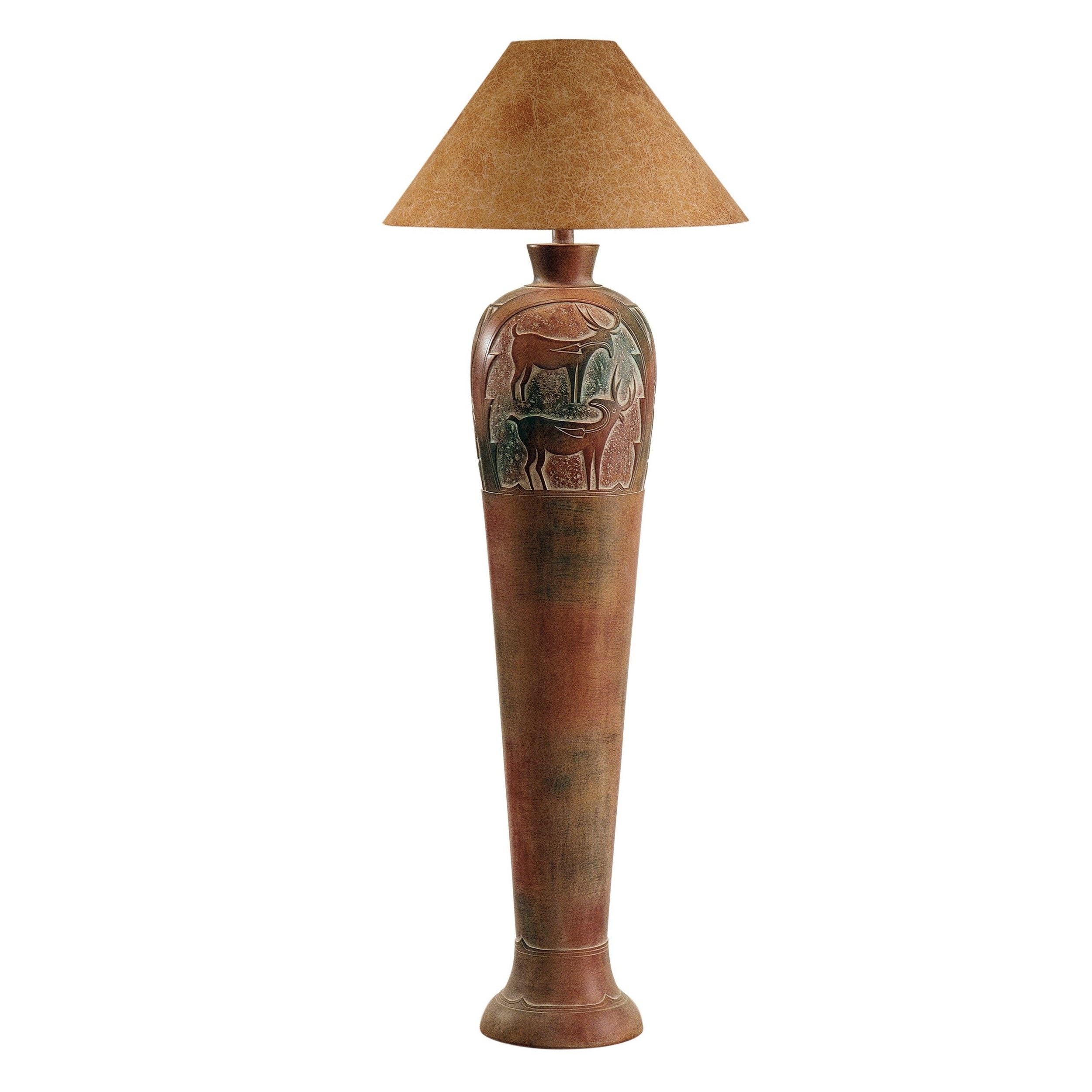 Siya 62 Inch Elongated Floor Lamp, Extra Tall, Deer Carvings, Brown, Black