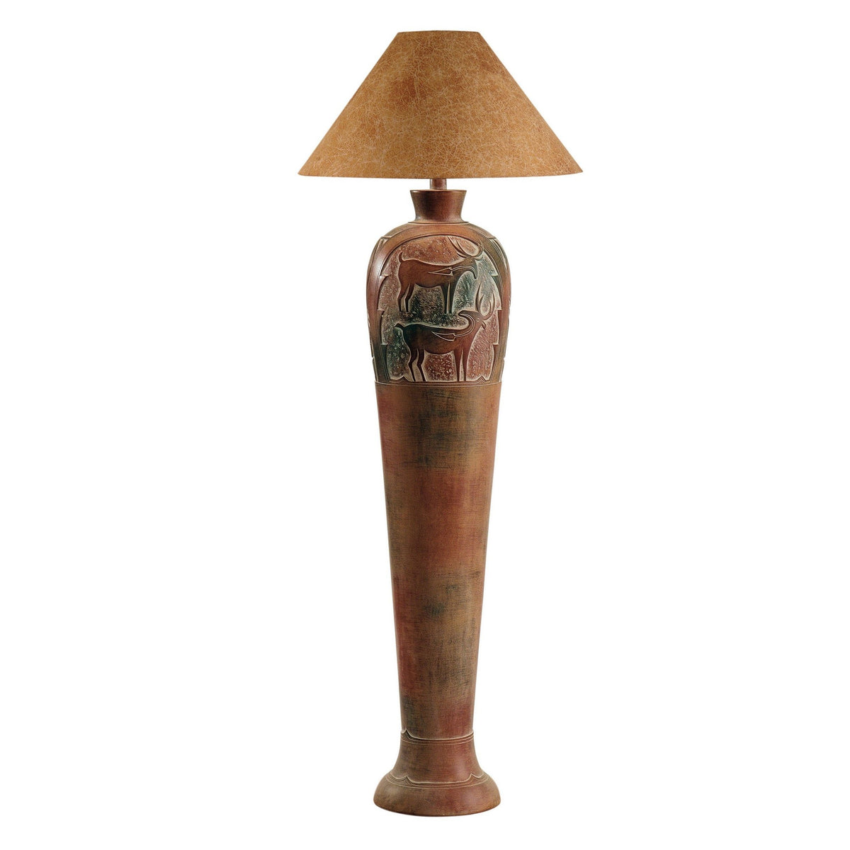 Siya 62 Inch Elongated Floor Lamp, Extra Tall, Deer Carvings, Brown, Black