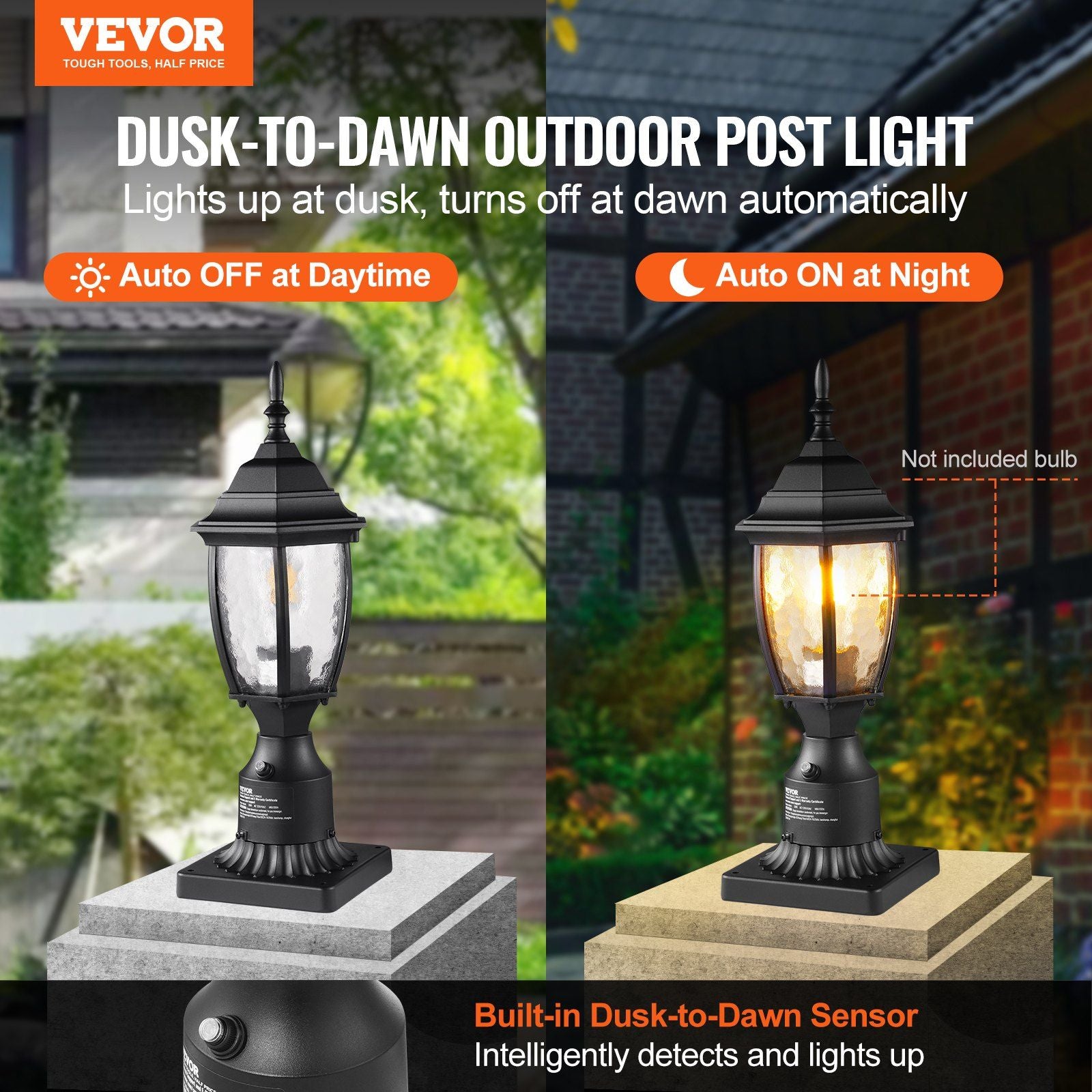 Vevor Dusk To Dawn Outdoor Post Light, 15.75 In Height, Waterproof Lamp Post Light Fixture With 3.5 In Pier Mount Base Glass Shade, Lightning-Proof Exterior Pole Column Light For Patio Garden Pathway