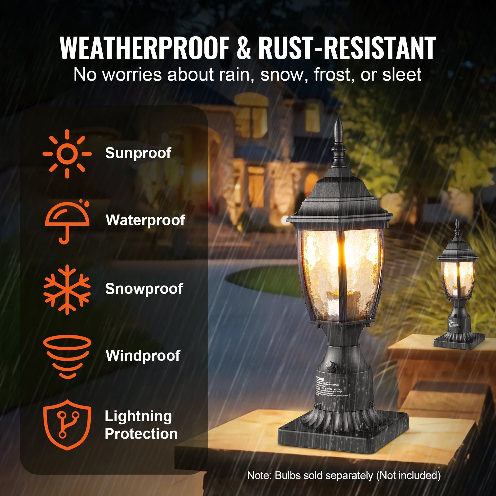 Vevor Dusk To Dawn Outdoor Post Light, 15.75 In Height, Waterproof Lamp Post Light Fixture With 3.5 In Pier Mount Base Glass Shade, Lightning-Proof Exterior Pole Column Light For Patio Garden Pathway