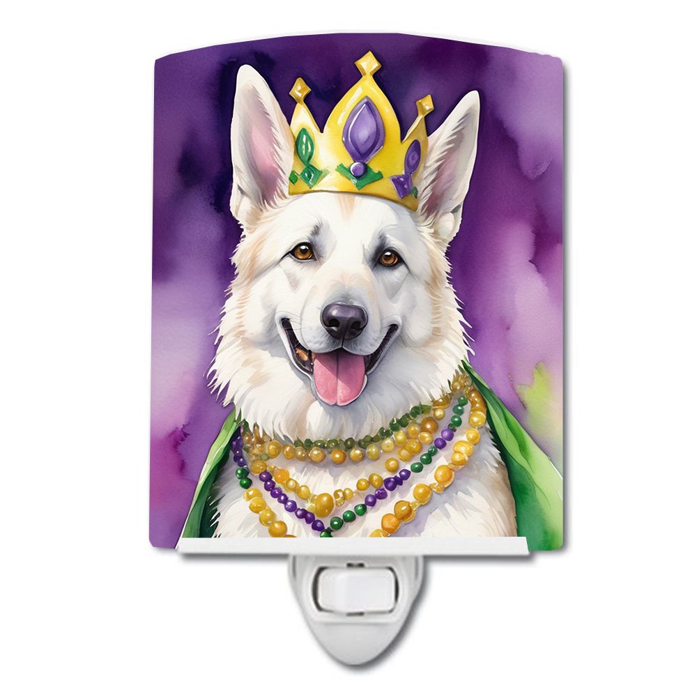NEW White German Shepherd King of Mardi Gras Ceramic Night Light Compact, UL-Certified, Ideal for Bedroom, Bathroom, Nursery, Ha