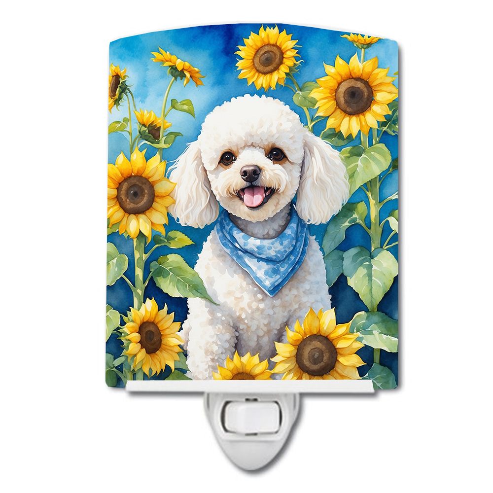 NEW White Poodle in Sunflowers Ceramic Night Light Compact, UL-Certified, Ideal for Bedroom, Bathroom, Nursery, Hallway, Kitchen