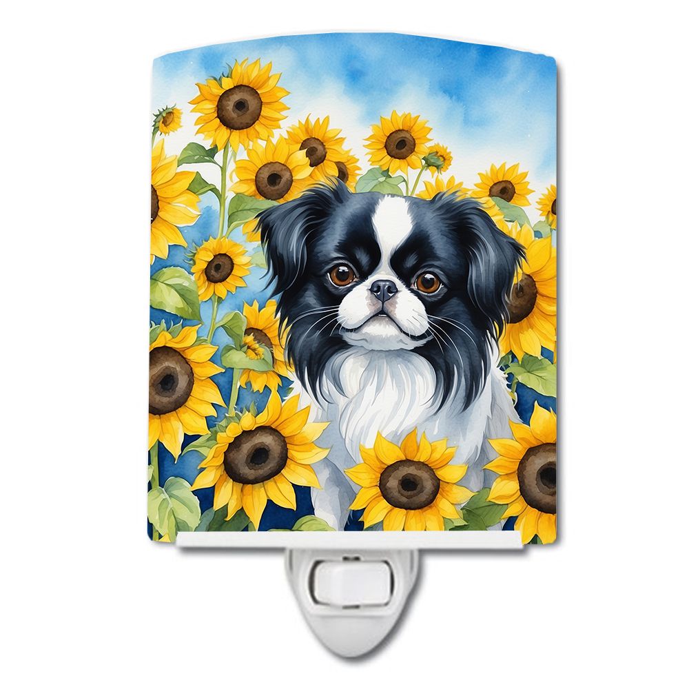NEW Japanese Chin in Sunflowers Ceramic Night Light Compact, UL-Certified, Ideal for Bedroom, Bathroom, Nursery, Hallway, Kitche