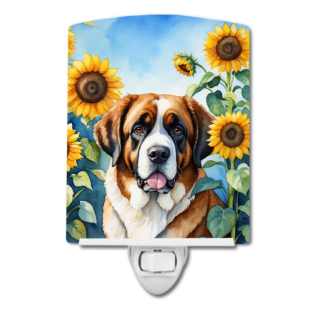 NEW Saint Bernard in Sunflowers Ceramic Night Light Compact, UL-Certified, Ideal for Bedroom, Bathroom, Nursery, Hallway, Kitche