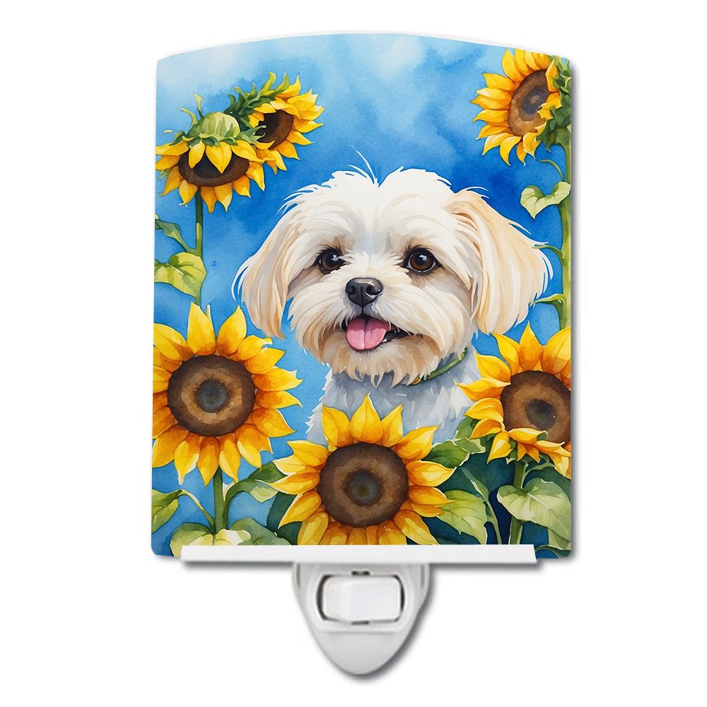 NEW Maltese in Sunflowers Ceramic Night Light Compact, UL-Certified, Ideal for Bedroom, Bathroom, Nursery, Hallway, Kitchen, 6x4