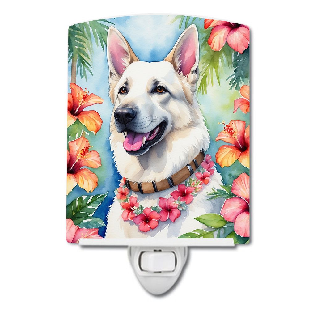 NEW White German Shepherd Luau Ceramic Night Light Compact, UL-Certified, Ideal for Bedroom, Bathroom, Nursery, Hallway, Kitchen